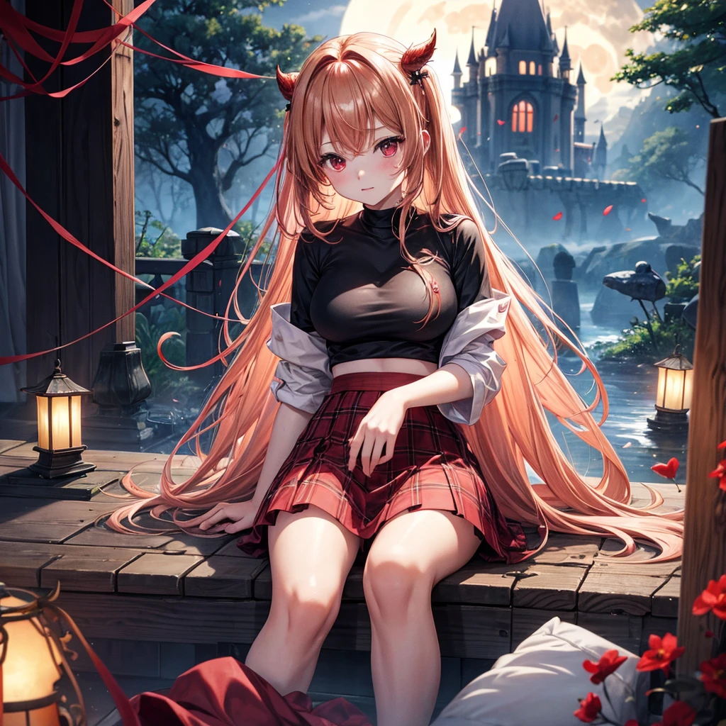 Red-blonde、Red eyes、One cute girl、solo、And soul、Light clothing、Checked mini skirt、petal、Wet hair、Sit on、black t-shirts、large tree、cloud、full moon、monster castle、lanthanum、Hell's Gate、Craft Gatekeeper、barefoot、Stones are piled up、Teeth are visible、Secret Treasure、Wooden chair、Moss grows、Fortress City、water is gushing out、The sword is stuck in the ground