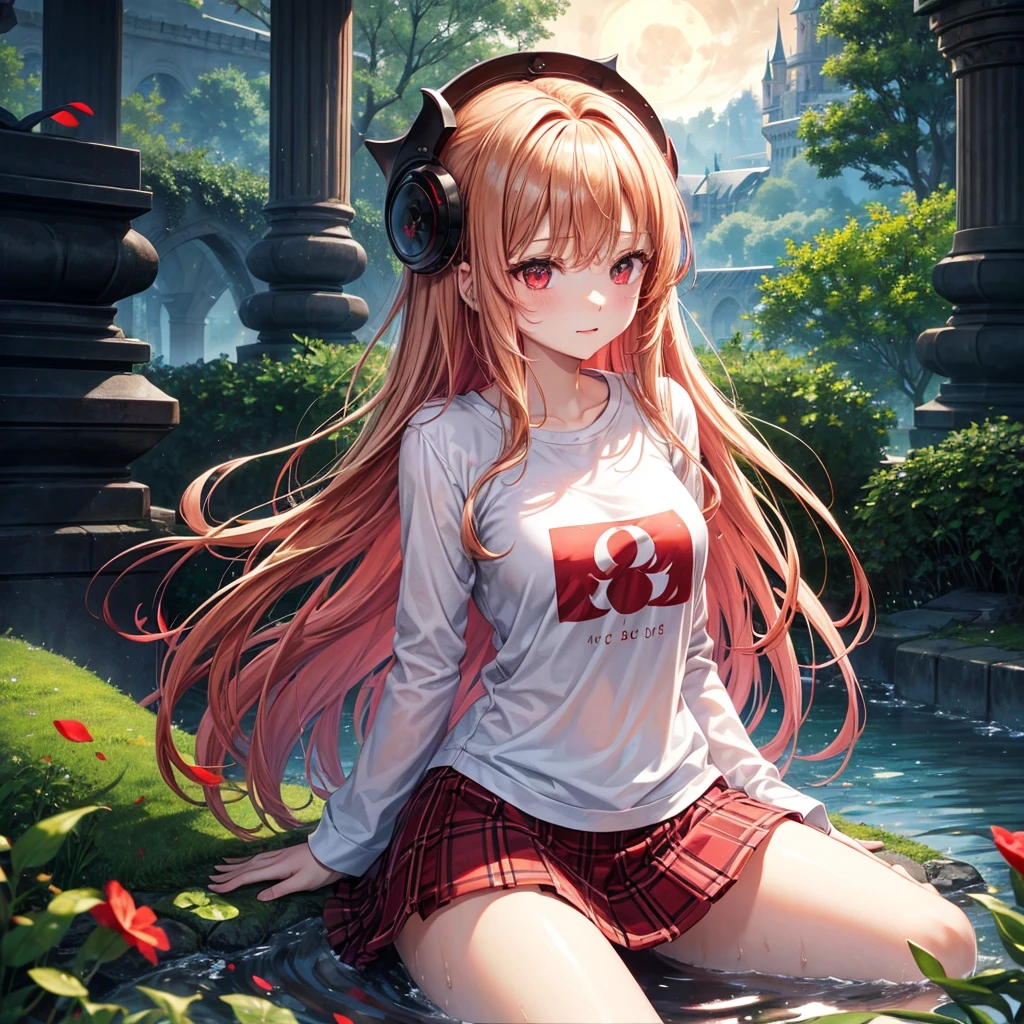 Red-blonde、Red eyes、One cute girl、solo、And soul、Light clothing、Checked mini skirt、petal、Wet hair、Sit on、black t-shirts、large tree、cloud、full moon、monster castle、lanthanum、Hell&#39;s Gate、Craft Gatekeeper、barefoot、Stones are piled up、Teeth are visible、Secret Treasure、Wooden chair、Moss grows、Fortress City、water is gushing out、The sword is stuck in the ground