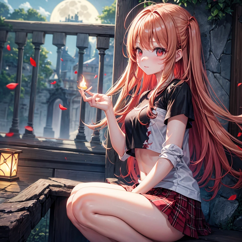 Red-blonde、Red eyes、One cute girl、solo、And soul、Light clothing、Checked mini skirt、petal、Wet hair、Sit on、black t-shirts、large tree、cloud、full moon、monster castle、lanthanum、Hell's Gate、Craft Gatekeeper、barefoot、Stones are piled up、Teeth are visible、Secret Treasure、Wooden chair、Moss grows、Fortress City、water is gushing out、The sword is stuck in the ground