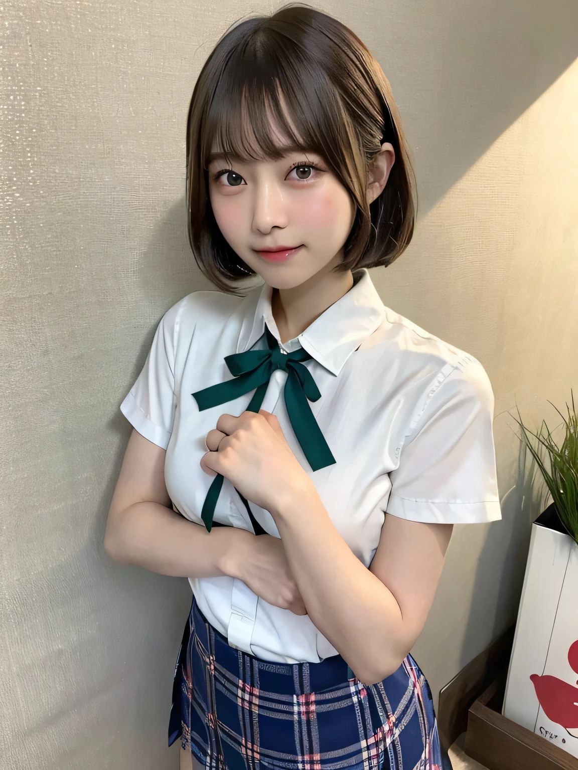 Japanese Girls、14-year-old girl、Blonde、Short Bob Cut、bangs、Brown eyes、Perfect figure、Transparency、Gloss、Glamorous breasts、、Green and red checked ribbon、White shirt、Navy Blue Skirt、Hirotake、Burning body、Gravure idol pose、Light blue wall、Beautiful feet、Strong sunlight、dirty、雨にWet体、Wet,I can see your thighs、smile