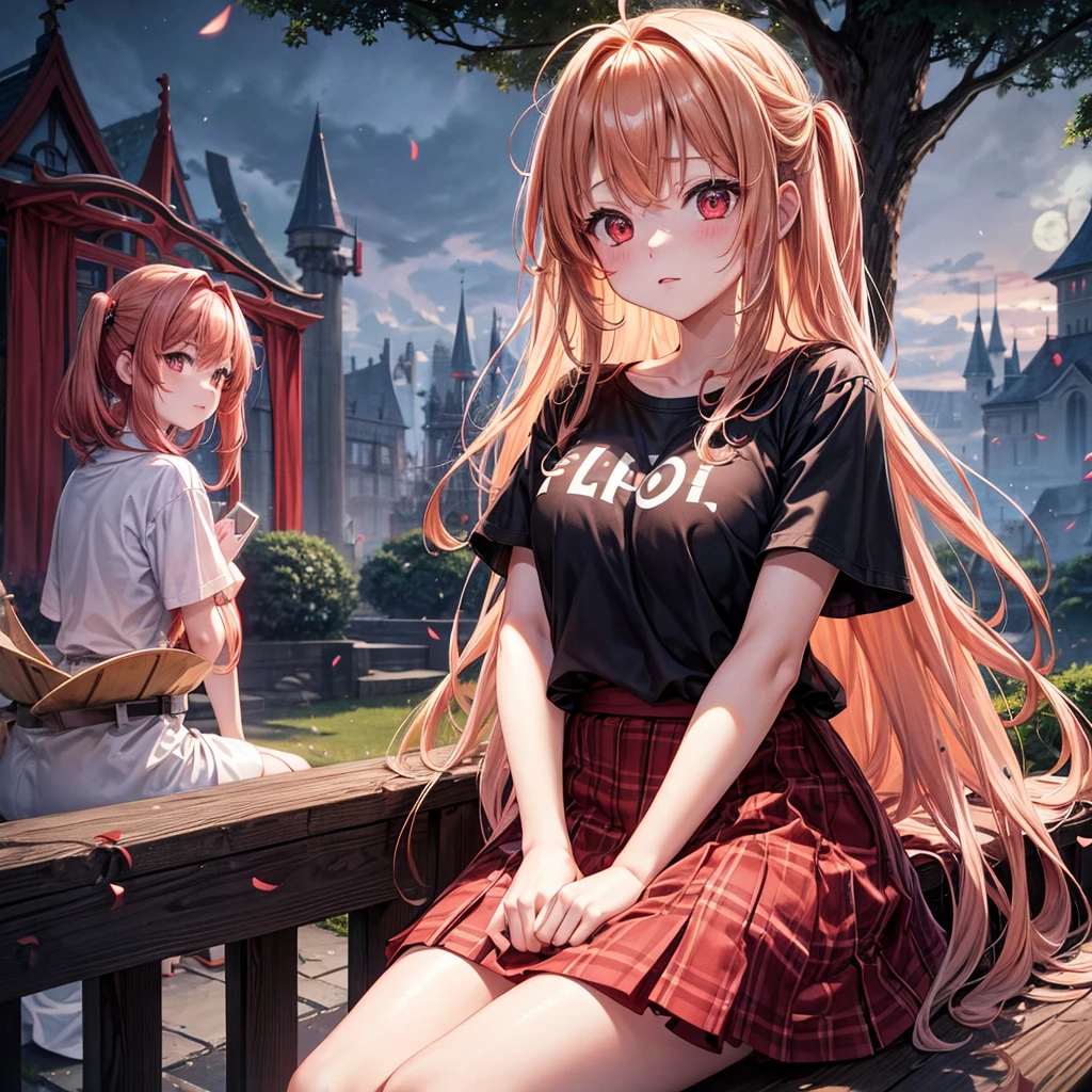 Red-blonde、Red eyes、One cute girl、solo、And soul、Light clothing、Checked mini skirt、petal、Wet hair、Sit on、black t-shirts、large tree、cloud、full moon、monster castle、lanthanum、Hell's Gate、Craft Gatekeeper、barefoot、Stones are piled up、Teeth are visible、Secret Treasure、Wooden chair、Moss grows、Fortress City、water is gushing out、The sword is stuck in the ground
