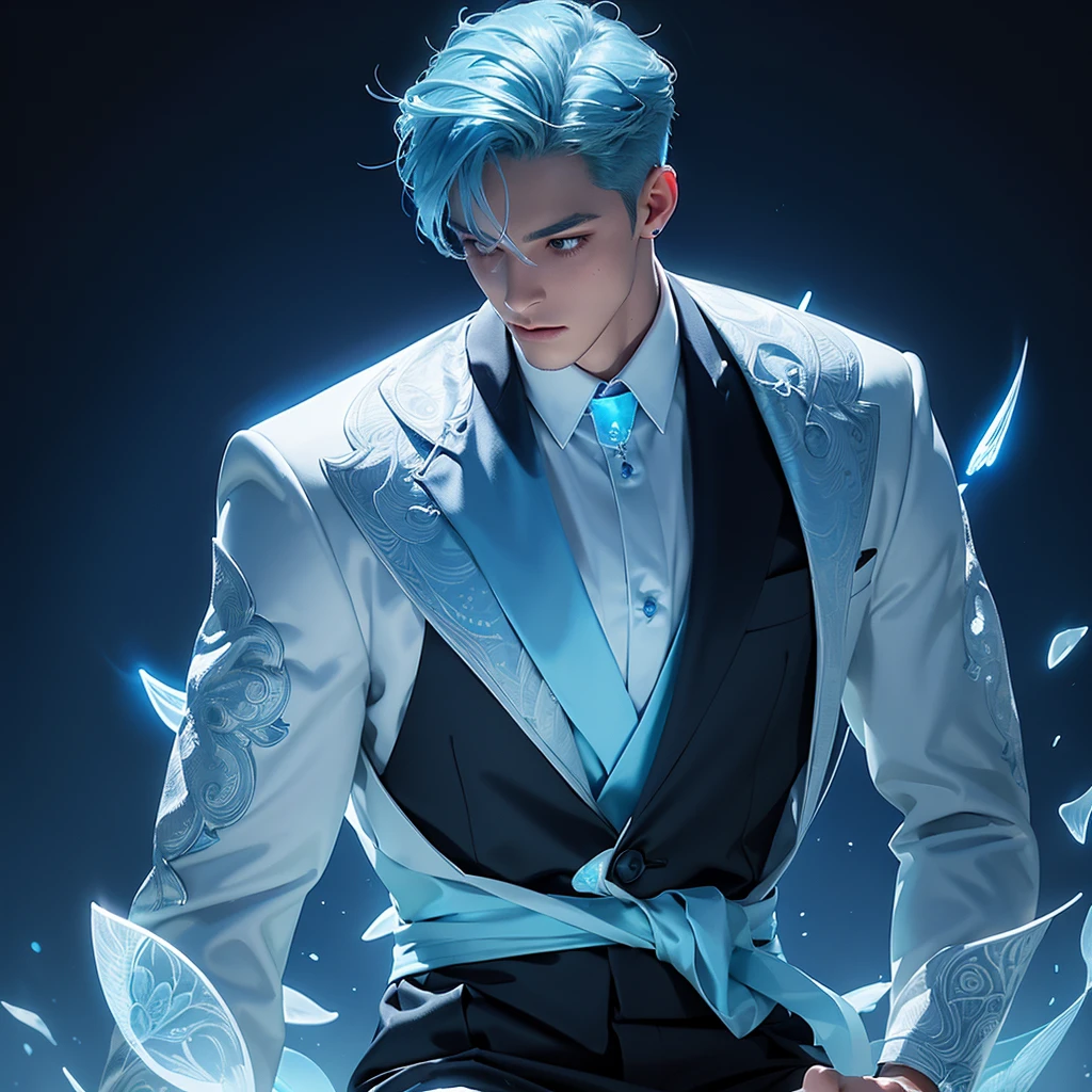 ((jewel_light element)), ( luminous man wearing a  blue toxedo groomsmen attire),(Frontal close-up angle above the waist: 1.3), 4K, HDR, acid graphics, fantasy work, [Detailed and vivid faces: 0.33], (white translucent glowing  blue hair: 1.3),,Silhouette outline and glowing in toxedo handsome man, Understated elegance .. A calm and dignified atmosphere provides a subtle sense of luxury... gray smooth texture, stylish pose, fluorescent, glowing tattoo, bioluminescent tattoo, glowing pattern. A man Wearing blue toxedo 