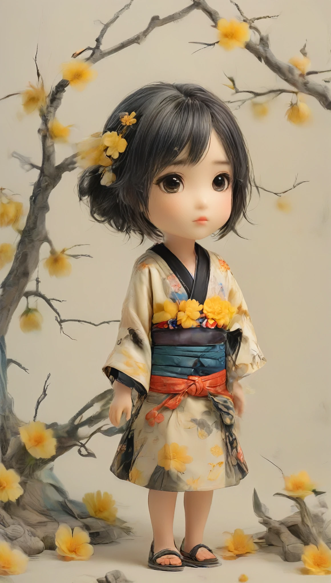 The Style of Kawanabe Kyosai、Little、Big Face、Big eyes、Girl、Black Hair、Straight Hair、Yellow kimono、Standing posture、Simple Background
