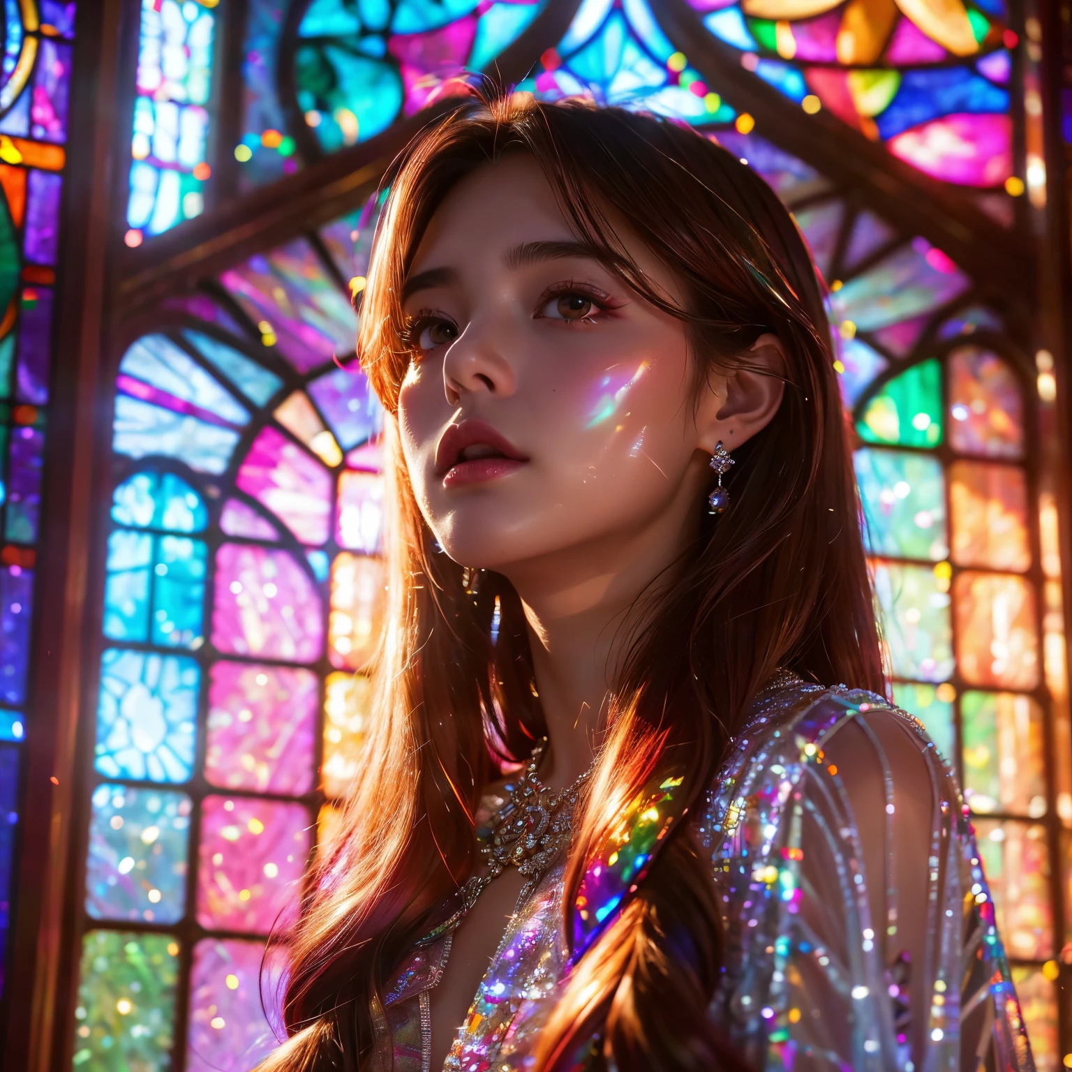 RubyRed (ZoomLayer) TopQuality 8K masterpiece of ((Professional photo)), (((Clarisse de Cagliostro))) (Detailed White WeddingDresses), Chain, (((Extremely detailed KAWAII face))) {((VeiledFace))|BlondeHair|(Elaborate BuleEyes)with(SparklingHighlights:1.28)}, The background is distant (((Elaborate stained glass))) Rainbow Glass, {(MysticSight)|EnchantingAtmosphere|Haze|(GodRays)|TyndallEffect}, Radiant PearlSkin with Transparency, (Exposed:0.39)