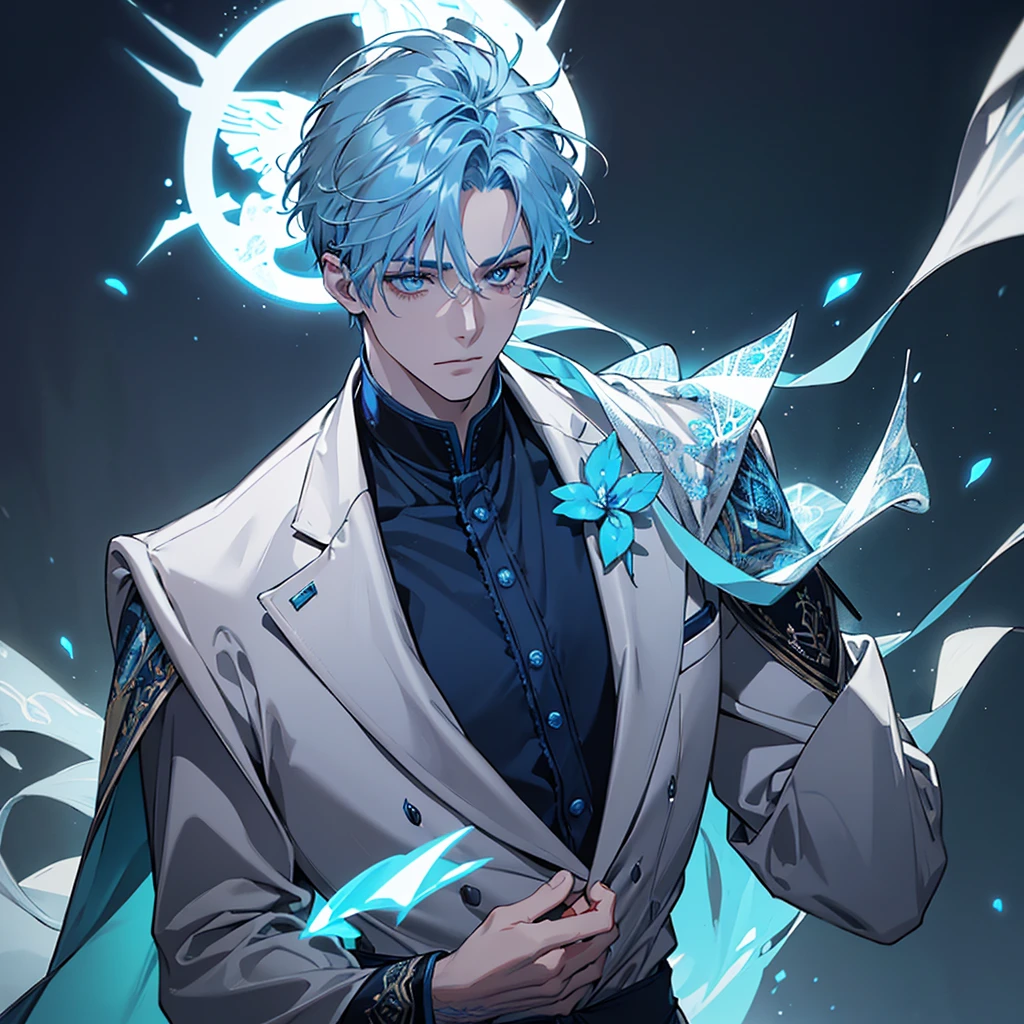 ((jewel_light element)), ( luminous man wearing a  blue toxedo groomsmen attire),(Frontal close-up angle above the waist: 1.3), 4K, HDR, acid graphics, fantasy work, [Detailed and vivid faces: 0.33], (white translucent glowing  blue hair: 1.3),,Silhouette outline and glowing in toxedo handsome man, Understated elegance .. A calm and dignified atmosphere provides a subtle sense of luxury... gray smooth texture, stylish pose, fluorescent, glowing tattoo, bioluminescent tattoo, glowing pattern. A man Wearing blue toxedo 