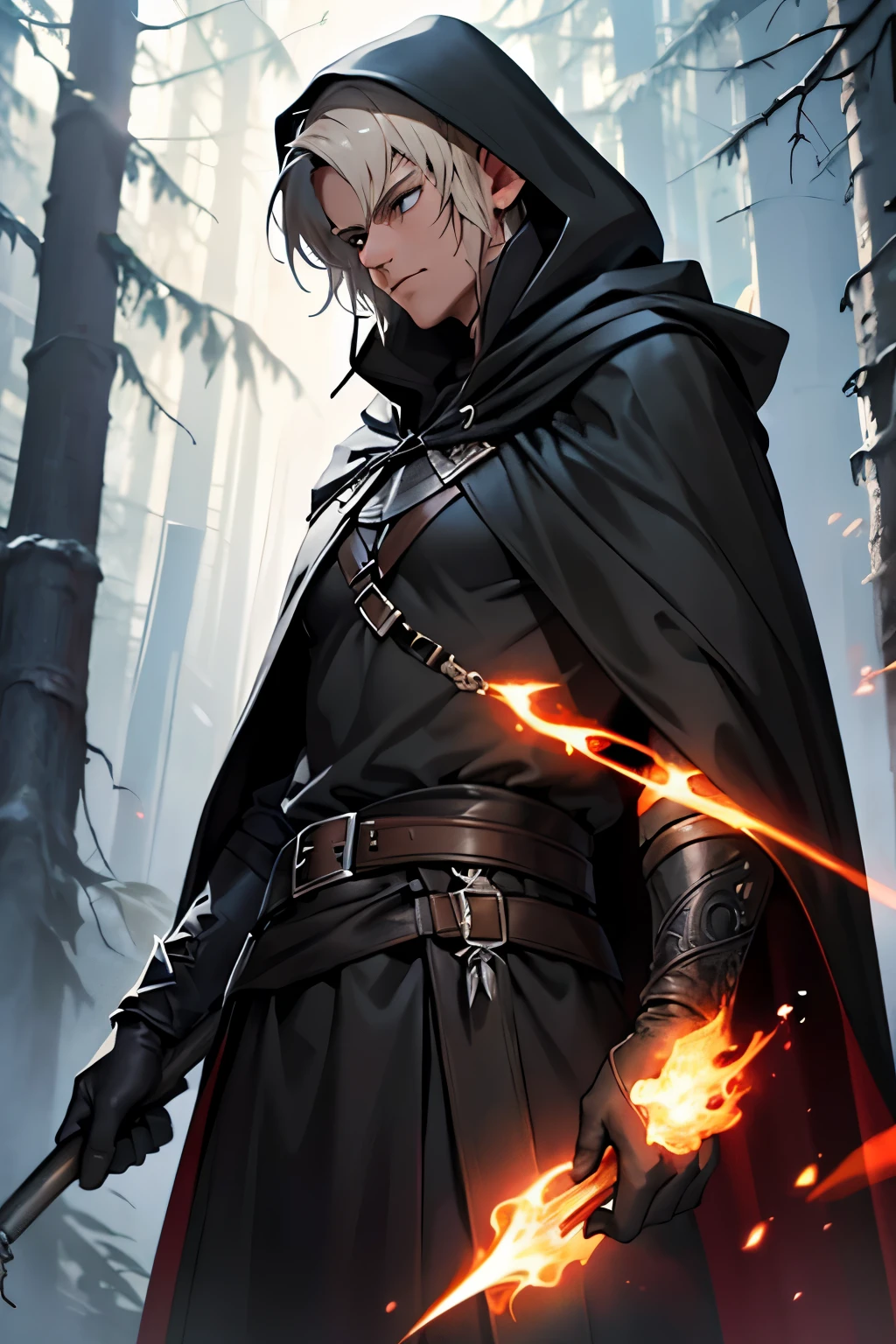 beste-Qualit, tmasterpiece, extra high resolution, detailed, realisti, solo, ember, Wood Elf Ranger, with short brown hair, An elf dressed in a black hooded ranger, Serious look,(in black leather clothing:1.2), Ranger Warrior, Elf in a hood, Thin and tall, Full-length, Slim, Very tall, Enigmatic, Hooded, Wearing a black cloak at the back, in front of a forest background, Medieval times, fantasy, Odin, On the right hand is a glove, Black dark Cape, (black cloak :1.4), d&d, depth of field, non-human,(Ultra-detailed:1.3), Finely detailed, Ultra-detailed, (dynamicpose:1.2),(centered, scale to fit the dimensions, the rule of thirds), hight resolution, sharp-focus,(Ultra detailed, Extremely detailed),(Photorealistic works of art),(чрезвычайно детализированные CG Unity 8k),(((bright colours, A striking theme))),(Intricate),(Masterpiece),(Best Quality).