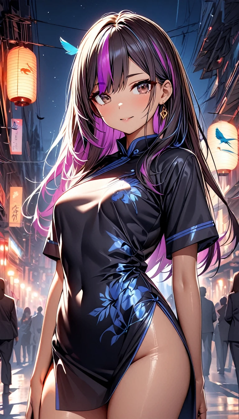 (highest quality:1.2, Very detailed, up to date, Vibrant, Ultra-high resolution, High Contrast, masterpiece:1.2, highest quality, Best aesthetics), Portraiture、girl、((25-years-old:1)), (akusema and blue and green birds printed blue china dress), Bright colors、Beautiful fine details、Beautiful lip detail, long hair、black and purple ((streaked hair:1.6)), highlights hair: 1.5, brown eyes, gold earrings, ((slim body:1.4)), (small breast:0.7), (dark skin:0.5), vietnamese night city, (cowboy shot:1.5),