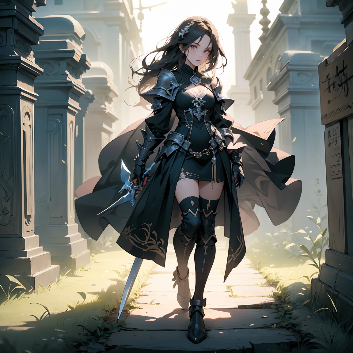 (((masterpiece, best quality, high detailed, 8k))) Design a layout showcase Gaming character, (1girl). Black|Gold clothes, stylish and unique. ((showcase weapon:1.4)), dark scythe. (masterpiece:1.2), (best quality), 4k, ultra-detailed. (Step by step design, layout art:1.5), (luminous lighting, atmospheric lighting). necromancer, ((glove full hands)), (((revealing clothes:1.3))), vambraces, armored legwear, (((full_body_shot:1.4))). {In a haunted graveyard}.