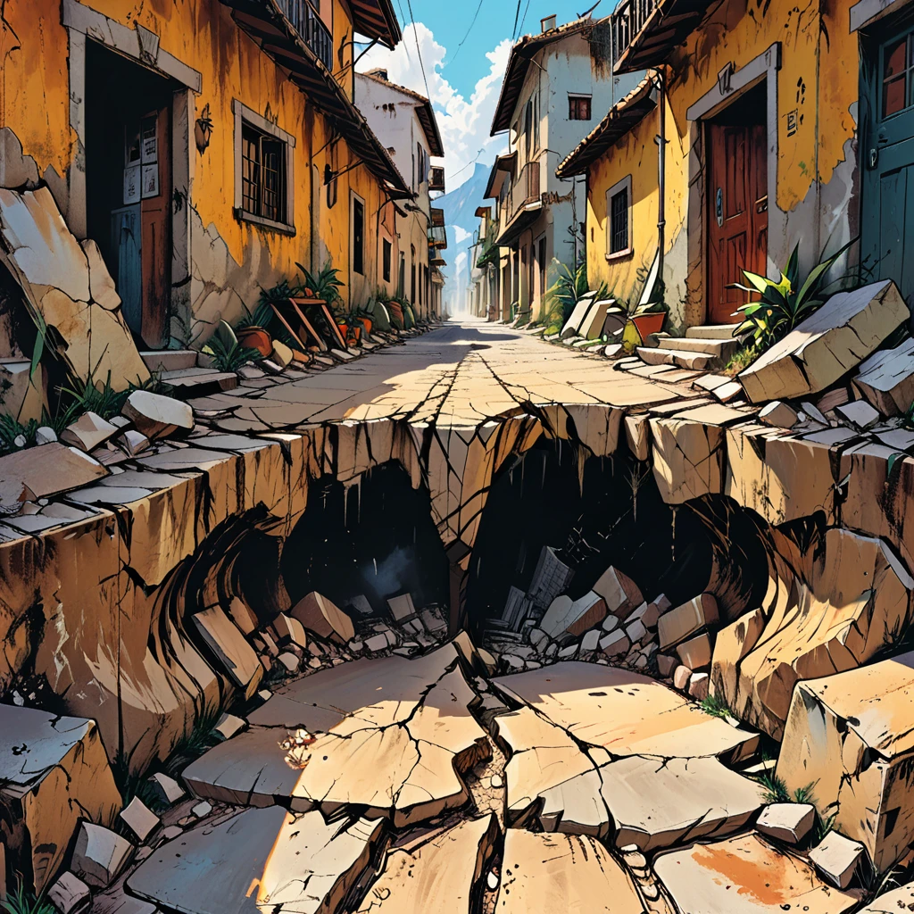 earthquake, splitting of the earth,deep crack on the ground macro close-up, tropical street with shocked people, cracks,shocked people,cave, graphic style of novel comics, 2d, 8k, hyperrealism, masterpiece, high resolution, best quality, ultra-detailed, super realistic, Hyperrealistic art, high-quality, ultra high res, highest detailed, lot of details, Extremely high-resolution details, incredibly lifelike, colourful, soft cinematic light,