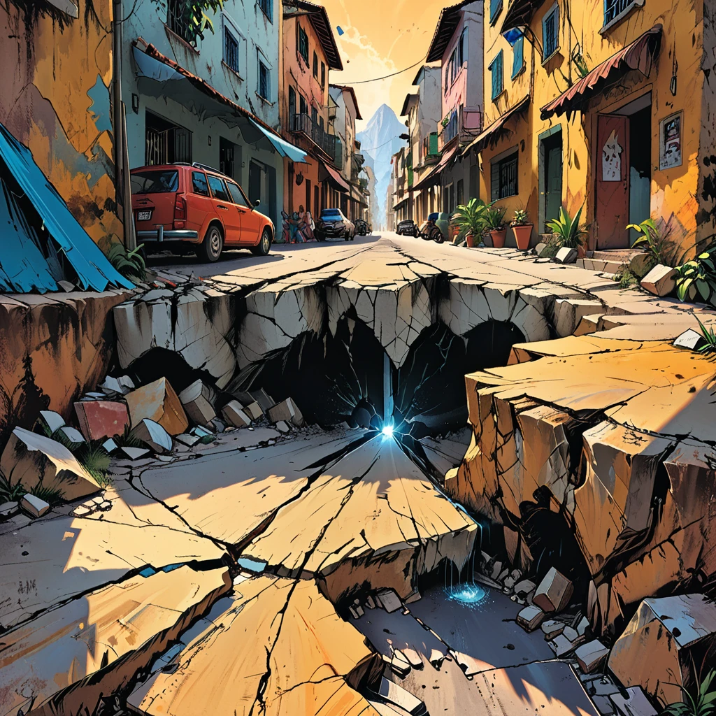  earthquake, splitting of the earth,deep crack on the ground macro close-up, tropical street with shocked people, cracks,shocked people,cave, graphic style of novel comics, 2d, 8k, hyperrealism, masterpiece, high resolution, best quality, ultra-detailed, super realistic, Hyperrealistic art, high-quality, ultra high res, highest detailed, lot of details, Extremely high-resolution details, incredibly lifelike, colourful, soft cinematic light,