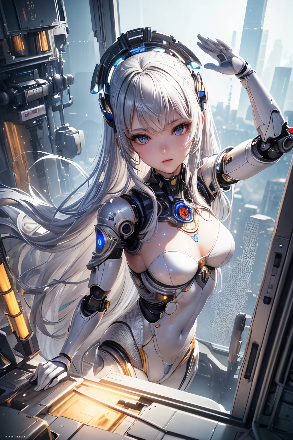 (8k, best quality, masterpiece:1.2),\(Eye details\),\(Facial features\),(\(Clothes detail details\)\),(1 girl:1.2),Mechanical girl,solo,full body,Sophisticated 3D rendering of a beautiful Japanese girl Android robot, part, Beautiful studio soft lighting, rim light, Vibrant details, Luxury Cyberpunk, The body is made of organically flowing white and silver clear glass and plastic, Silver metal interior, dynamic poses, mobile organic ingredients, Meticulous carving, Lace design, Glowing golden circuit, H&#39;s Art,(Mechanical skeleton(Metal pelvis,Mechanical spine:1.2),high-tech robot,(Future over-ear communication headphones:1.2),(Blue glowing circuits on cheeks:1.3),(/grey hair:1.2/),(/shiny blue eyes/),smooth skin,(This is an android:1.5),large breasts,big ass