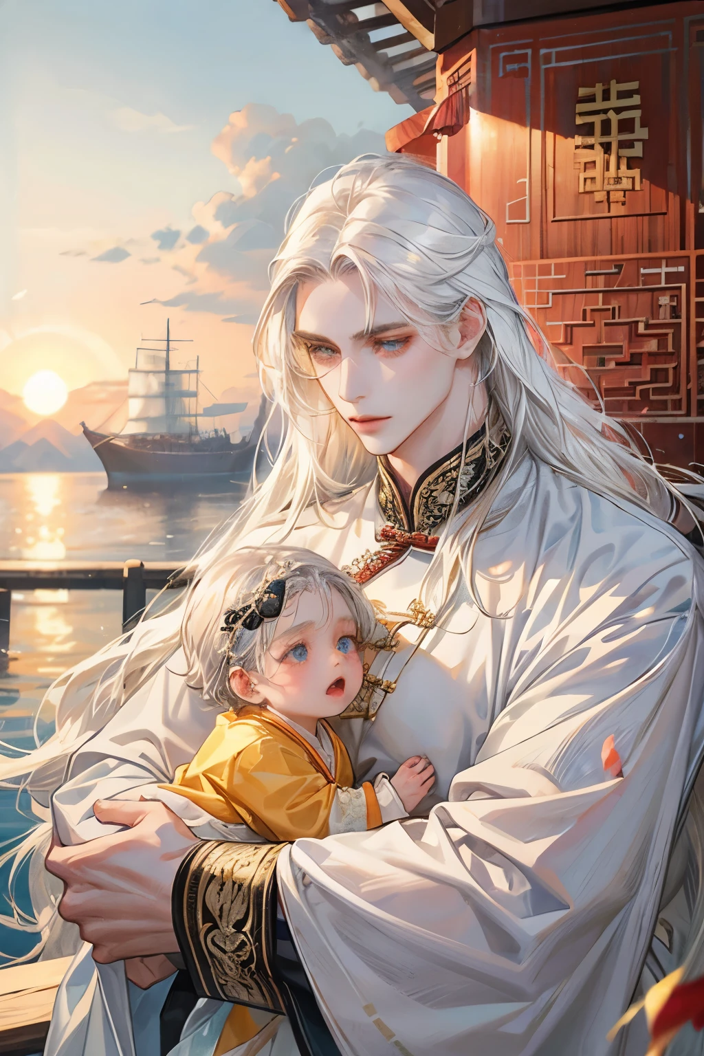 an extreamly handsom young man with long white hair wearing traditional Chinese cloths,  holding a baby girl about 2 years old in ond arm, sea and big ship background, peoples, coloful shade, highly light, hiquality, masterpiece, higly detailed