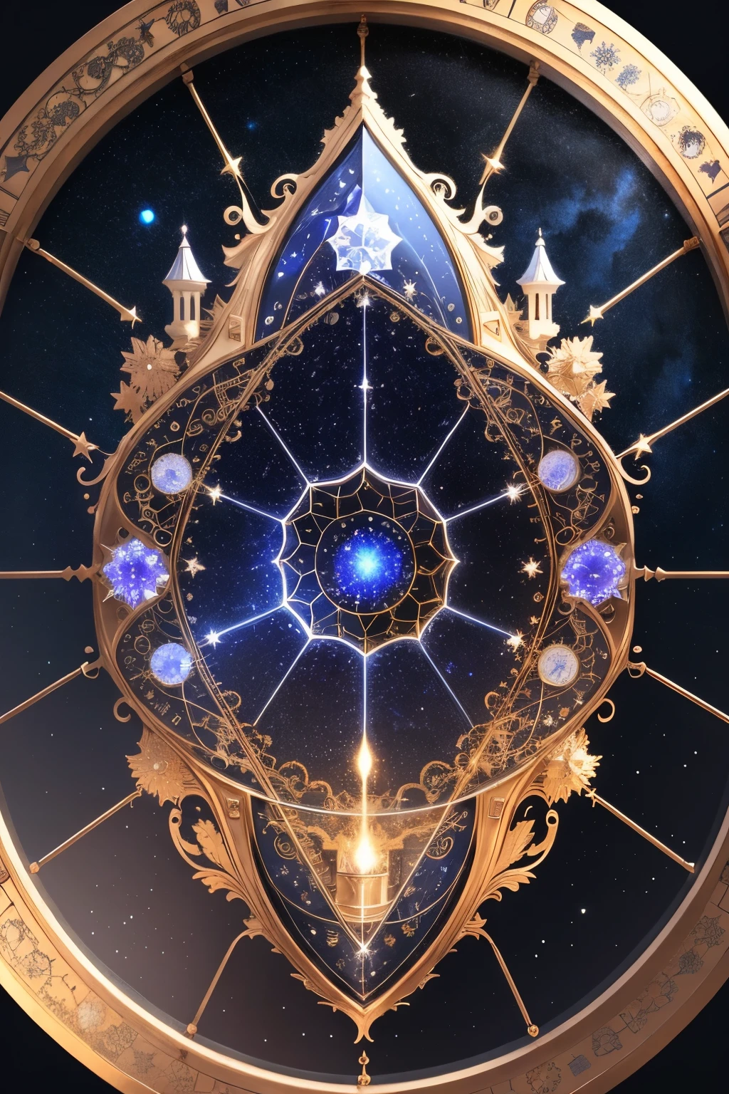 The exterior of this clock is made of a large piece of transparent crystal，The inside of the crystal appears to be studded with countless tiny stars and nebulae.，The sparkling light flickers、Forming the spectacle of the flowing universe。。The entire clock is surrounded by a dazzling starry sky，It&#39;s like traveling through time and space，Immerse yourself in the mystical universe。 The hands of the clock are no longer traditional mechanical structures，Instead, It consists of a small laser beam，Every time it rotates, it leaves a beautiful trail of light in the space.。These laser hands radiate outward from the center of the clock，Like the starlight in space，Full of mystery and energy。The passage of time is no longer limited by the dial，Rather, Following the trend of laser pointers，Creates amazing visual effects，It makes you feel the flow of time and the rhythm of the universe.。 The base of the clock is made of futuristic technical materials，It looks like a fascinating space station，Covered in shining LED fixtures，It&#39;s like a town at the mercy of fate.。Every time the clock starts or chimes，The LED light in the base creates colorful light and shadow effects.，It is as beautiful and mysterious as a nebula.，It&#39;s like traveling to another dimension.，clock，Ivory Gold, (Conceptual Art, Colors like Ghibli, Hyperrealism, 超High resolution, masterpiece, Accurate, Anatomically correct, Super Detail, Awards, Highest quality, High resolution, 8k，The picture is bright，Global Illumination，High saturation)