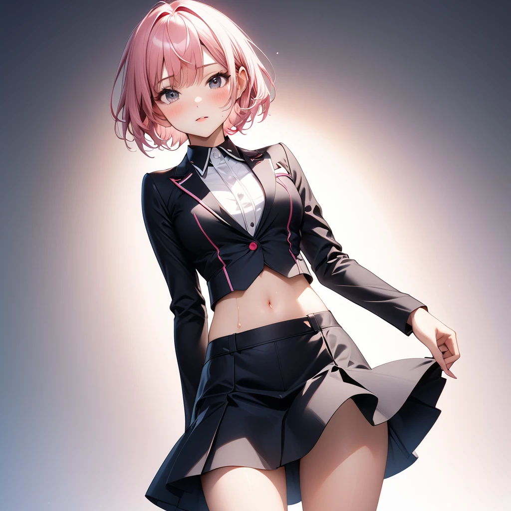 (((Female singer's costume, skirt))), skindentation, skinny, solo, 1 woman, Masterpiece, highest quality, highest quality, 16K, incredibly absurd, highly detailed, 2.5D, ai-generated, delicate and dynamic, very delicate facial expressions, delicate eye depiction, erotic, only sexy woman, ((A cute and kind face)), healthy figure, ((25-year-old woman)), 160cm tall, medium firm swaying bust, (short hair), (pink hair:1.5), bob cut, black eye, blush, Sweat,Embarrassed,sexy, ((thin thighs)), (camel toe:0.7), (visible nipples:0.3), (Erect nipples,:0.7), shiny and lustrous, facing straight at viewer, (((in heat))), ((Oily_skin)), ((dutch angle)), ((erotic pose)), ((one keene)),Background inspired by the image of "absolute informationists",