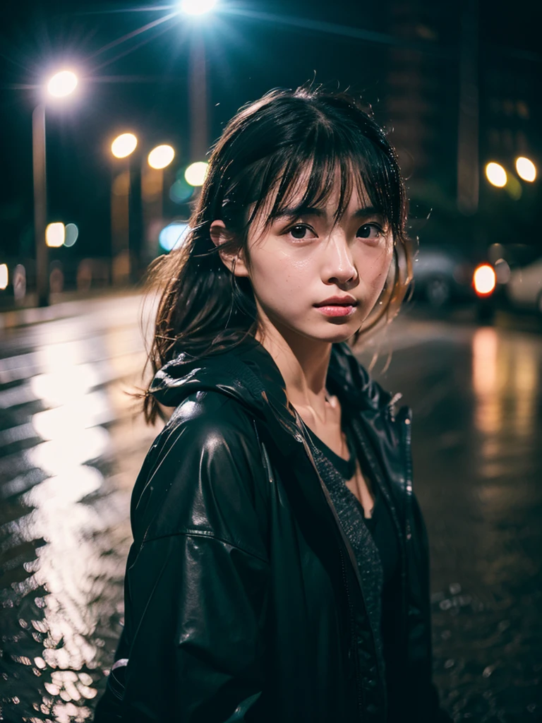 Wet roads ,drenched, Dripping, Wet Face,Wet clothes, Wet Skin, Wet Hair,A young woman with a cute face like a Japanese idol,chest,((Full body portrait)),((Cinema Lighting),(Natural light),(High level of artistry),(artistic),(Indistinguishable quality from the real thing),RAW Photos,Genuine,Genuine,High resolution,RAW Photos,masterpiece, beautiful