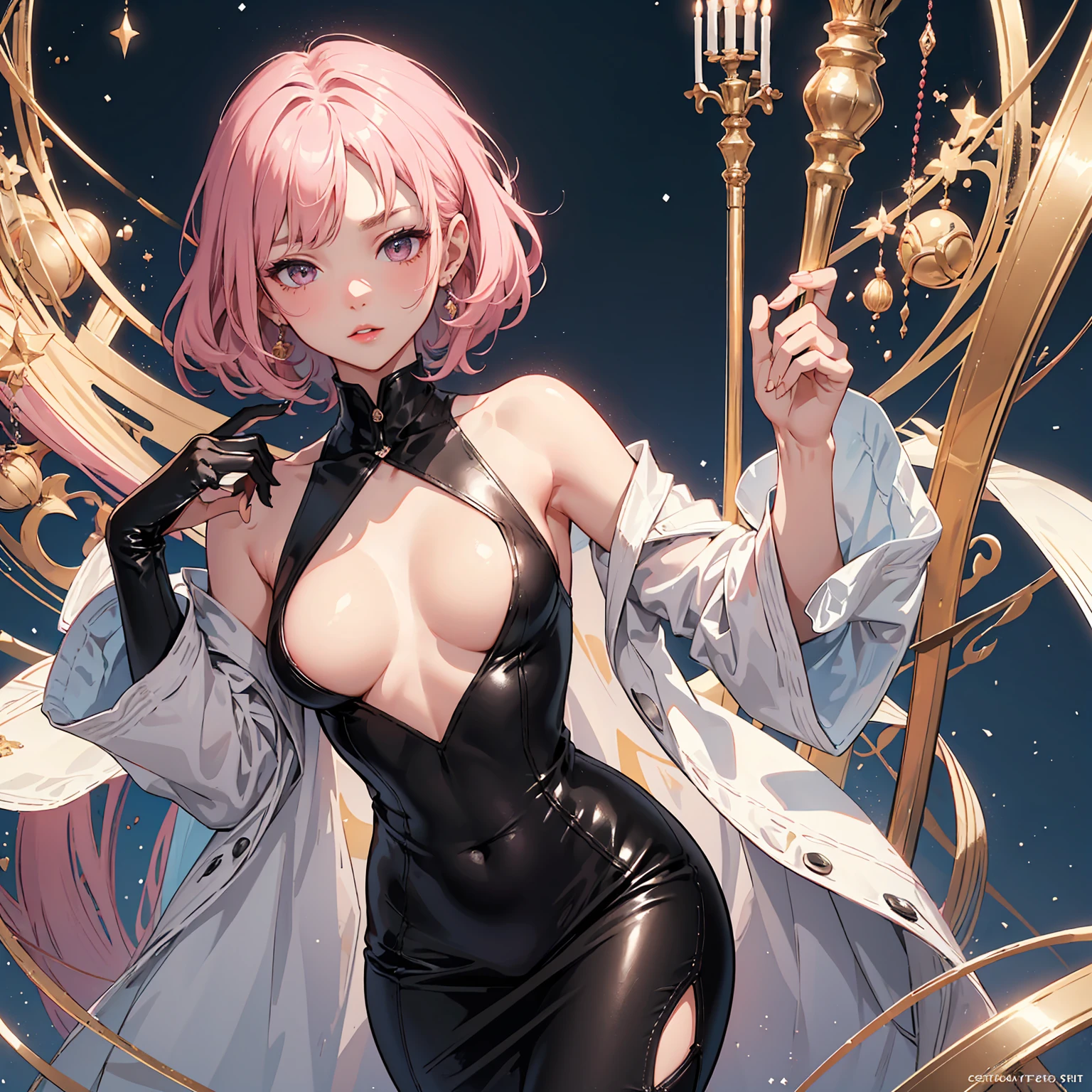 (1girl, full body, standing, seductive pose, masterpiece, Super exquisite illustrations, best quality, light particles, Super detailed, 8k wallpaper,), ((petite, Small breasts, often with a proportionally small areola)), (wearing (Faux leather shift dress)), (Winter theme, inside), Eyes: Large, almond-shaped, dark brown, Nose: Small and straight, Lips: Medium, natural pink, Hair: Long, straight, black, Skin Tone: Fair with a neutral undertone, Eyebrows: Thin and gently arched, Cheekbones: Soft and rounded, Chin: Rounded, Ears: Small and close to the head, Expression: Serene and graceful