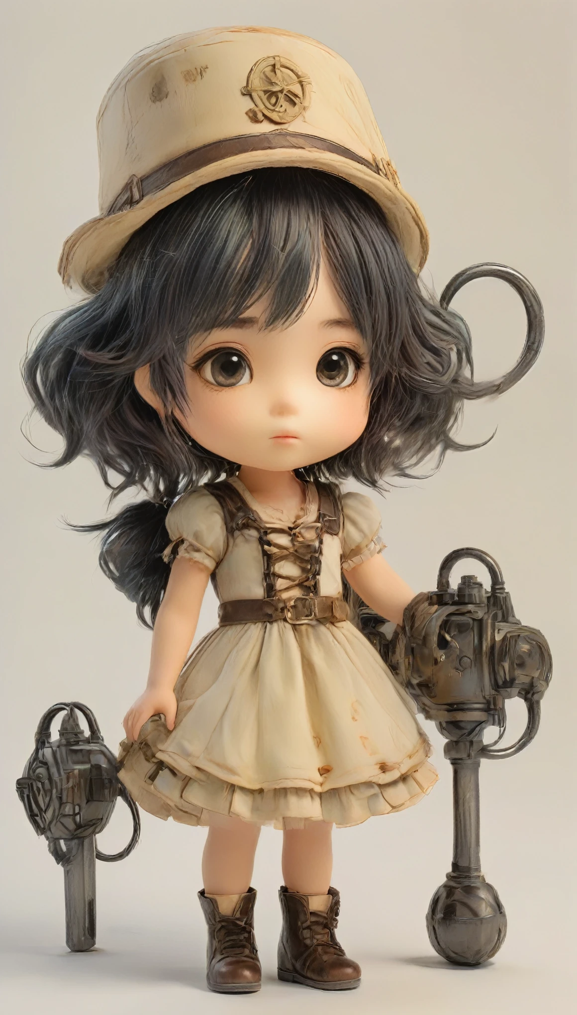 The Style of Kawanabe Kyosai、Little、Big Face、Big eyes、Girl、Black Hair、Headphoneachine body、steampunk、Simple Background