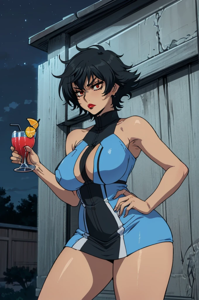 closed mouth, (), ((1girl)), ((((solo))), (((alone))), (((genderbend))), (((female))), wide hips, thick thighs, huge breast, narrst, ((blue top)), ((short skin tight blue cocktail dress)), tail, party, ((anirtstyle)), eyelashes, ((long black hair)), (((at night))), (red lipstick), (black eyeshadow), (in the dark)