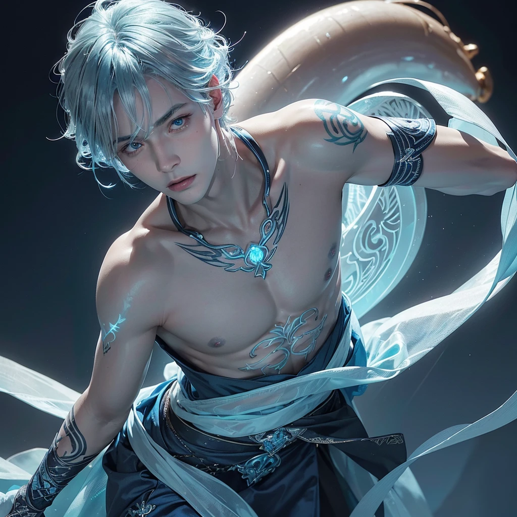 ((jewel_light element)), ( luminous man wearing a  blue toxedo groomsmen attire),(Frontal close-up angle above the waist: 1.3), 4K, HDR, acid graphics, fantasy work, [Detailed and vivid faces: 0.33], (white translucent glowing  blue hair: 1.3),,Silhouette outline and glowing in toxedo handsome man, Understated elegance .. A calm and dignified atmosphere provides a subtle sense of luxury... gray smooth texture, stylish pose, fluorescent, glowing tattoo, bioluminescent tattoo, glowing pattern. A man Wearing blue toxedo 