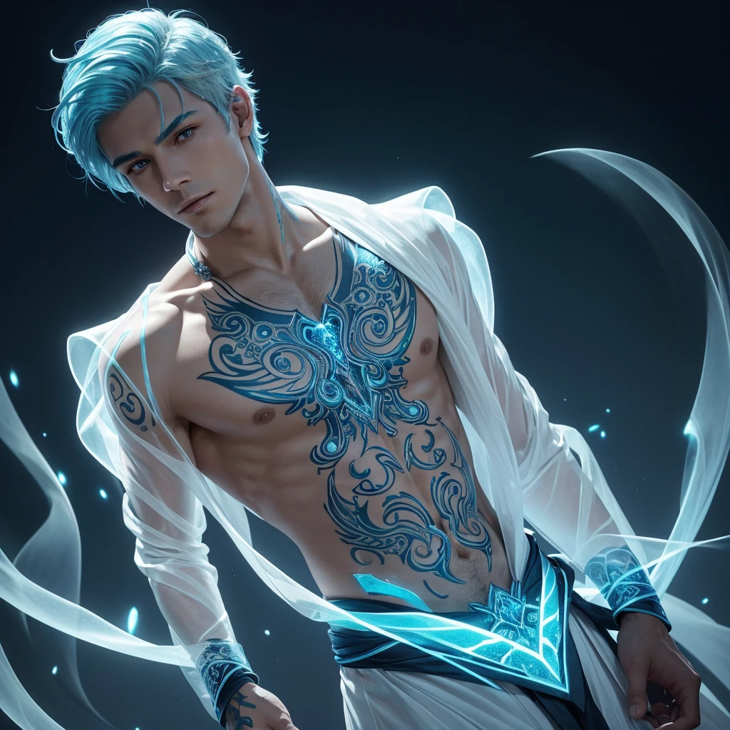 ((jewel_light element)), ( luminous man wearing a  blue toxedo groomsmen attire),(Frontal close-up angle above the waist: 1.3), 4K, HDR, acid graphics, fantasy work, [Detailed and vivid faces: 0.33], (white translucent glowing  blue hair: 1.3),,Silhouette outline and glowing in toxedo handsome man, Understated elegance .. A calm and dignified atmosphere provides a subtle sense of luxury... gray smooth texture, stylish pose, fluorescent, glowing tattoo, bioluminescent tattoo, glowing pattern. A man Wearing blue toxedo 