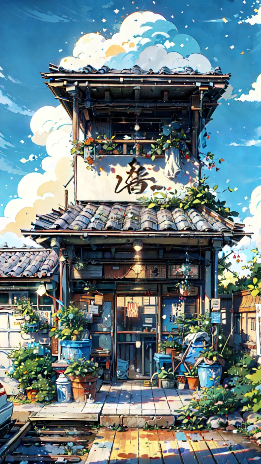 Create a captivating anime-style scene set in a peaceful, semi-rural Japanese old aged house at twilight, inspired by the style of Makoto Shinkai. The sky is a gradient of deep blue and warm orange, with the last light of the setting sun casting a gentle glow over the landscape. The house is modest yet charming, with wooden benches and vintage lampposts casting soft, ambient light. The house is surrounded by lush greenery, with ivy and flowering plants climbing the walls and , adding a touch of nature to the urban setting. In the foreground, their silhouettes softly illuminated by the lights. The house glisten with recent rain, reflecting the colors of the sky and the station lights, creating a serene and magical atmosphere. The perspective should be dynamic and cinematic, perhaps from a slight low-angle view, emphasizing the depth of the scene and the height of the train. The overall mood should evoke a sense of calm and wonder, capturing the beauty of a fleeting moment in everyday life through the lens of Makoto Shinkai.