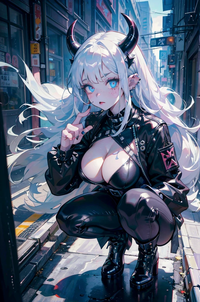 (masterpiece, best quality, ultra-detailed, best shadow), (beautiful detailed face:1.3), illustration, 1girl, solo, shiny, reflective, white hair woman with piercings and piercings, goth girl aesthetic, portrait of kim petras, she looks like a mix of grimes, 29 - year - old goth girl, grunge aesthetic!!!, grunge aesthetic, goth aesthetic, pale goth beauty, looks like a mix of grimes, pastel goth aesthetic, grunge aesthetic!!! latex, big curvy body, bodysuit, big demon girl, big white horns, big breast, big sexy body, white hair, white horns, pointy ears, freckles, blue eyes, RAW, 8K, UHD, candid, art style by Artgerm, by nine_(liuyuhao1992), by Yusuke Murata