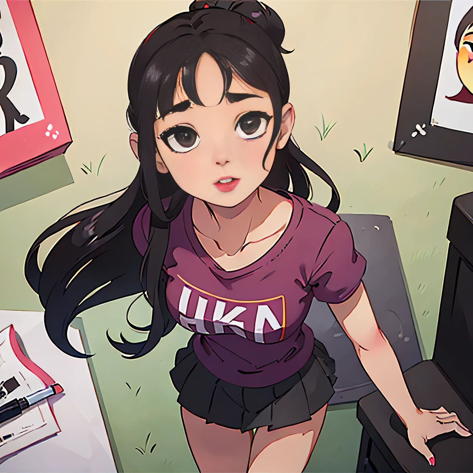 Sexy young woman, black hair neatly pulled into a bun, long forehead, small seductive eyes, medium nose, red lips smiling, deep pink blush, fair skin, wearing a bluish-green t shirt and black miniskirt, leaning on a desk towards the viewer