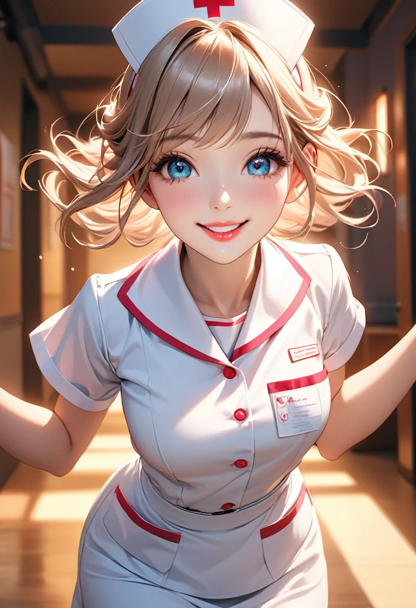 beautiful detailed eyes, beautiful detailed lips, extremely detailed eyes and face, long eyelashes, 1girl, nurse uniform, cute young nurse, smiling, skipping, cheerful, warm smile, healing, calming atmosphere, vibrant colors, soft lighting, photorealistic, 8k, high quality, detailed, masterpiece
