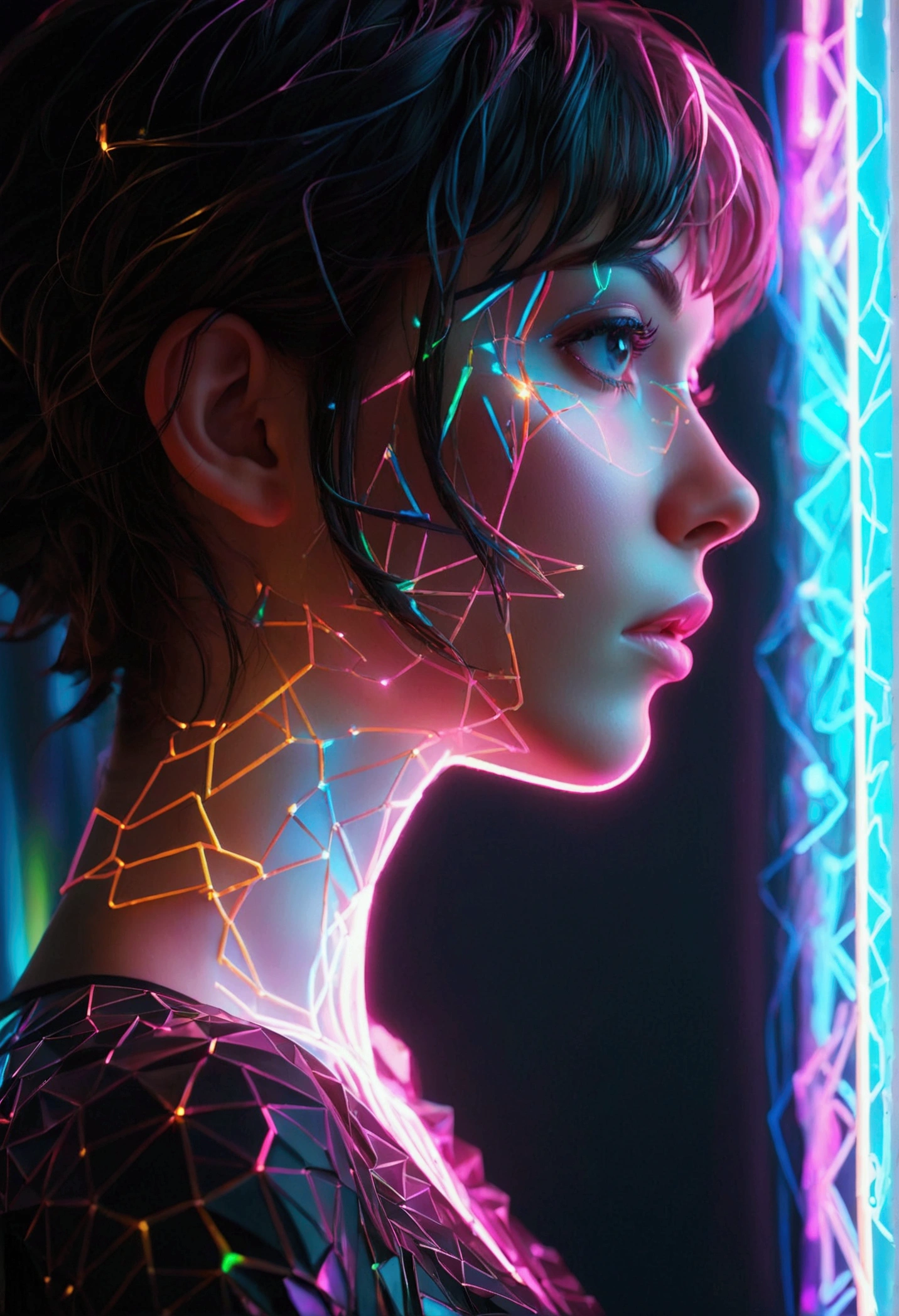 holographic glowing neon lines, low polygonal lights dark background.