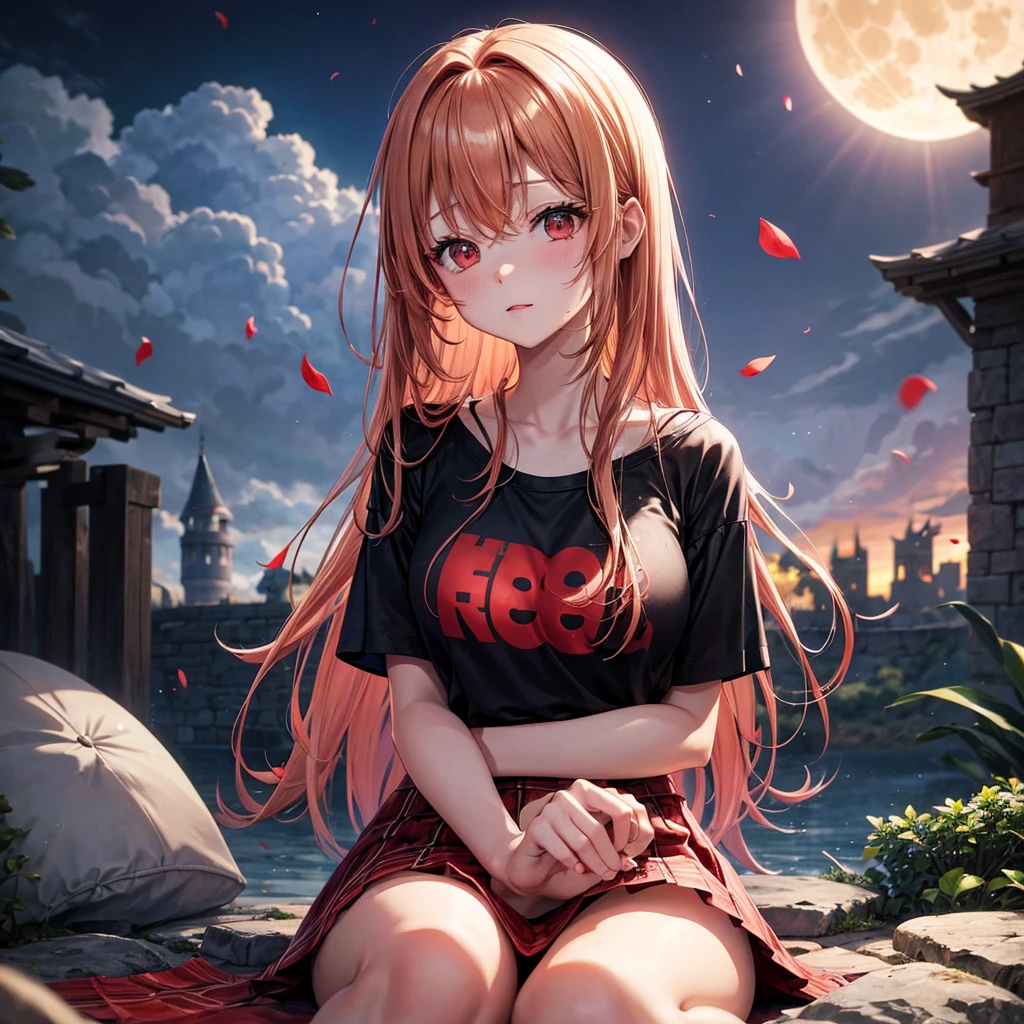 Red-blonde、Red eyes、One cute girl、solo、And soul、Light clothing、Checked mini skirt、petal、Wet hair、Sit on、black t-shirts、large tree、cloud、full moon、monster castle、lanthanum、Hell's Gate、Craft Gatekeeper、barefoot、Stones are piled up、Teeth are visible、Secret Treasure、Wooden chair、Moss grows、Fortress City、water is gushing out、The sword is stuck in the ground