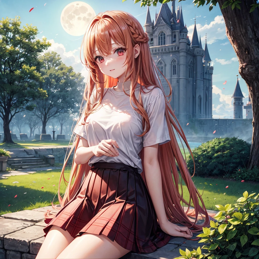 Red-blonde、Red eyes、One cute girl、solo、And soul、Light clothing、Checked mini skirt、petal、Wet hair、Sit on、black t-shirts、large tree、cloud、full moon、monster castle、lanthanum、Hell's Gate、Craft Gatekeeper、barefoot、Stones are piled up、Teeth are visible、Secret Treasure、Wooden chair、Moss grows、Fortress City、water is gushing out、The sword is stuck in the ground