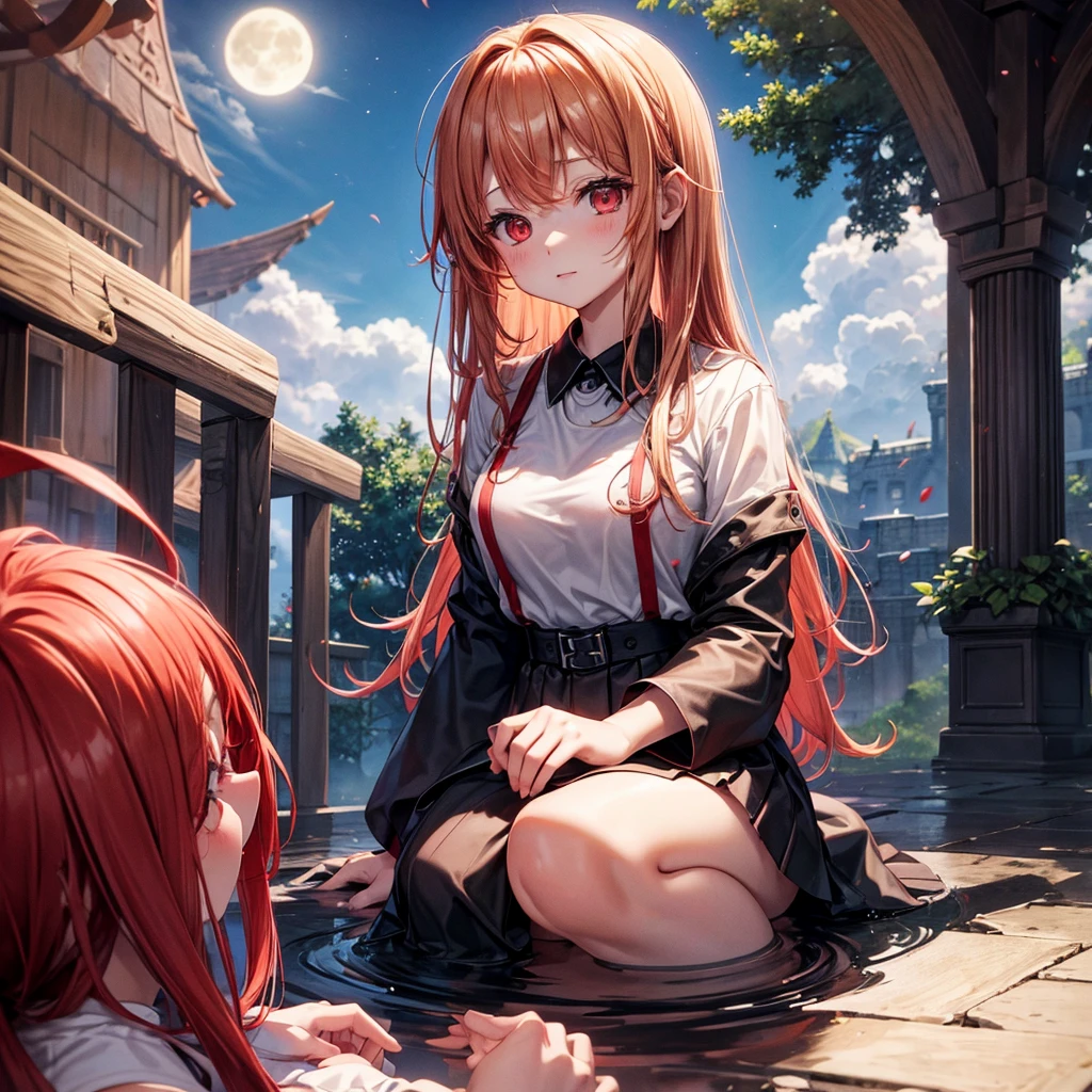 Red-blonde、Red eyes、One cute girl、solo、And soul、Light clothing、Checked mini skirt、petal、Wet hair、Sit on、black t-shirts、large tree、cloud、full moon、monster castle、lanthanum、Hell's Gate、Craft Gatekeeper、barefoot、Stones are piled up、Teeth are visible、Secret Treasure、Wooden chair、Moss grows、Fortress City、water is gushing out、The sword is stuck in the ground