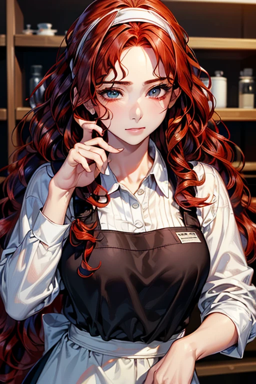 ((Highest quality)),(超High resolution),(Very detailed),(Detailed Description),((The best CG)),(masterpiece),Ultra-detailed art、(Highest quality、8k、32K、masterpiece)、(Realistic)、(Realistic:1.2)、(High resolution)、Very detailed、((Very beautiful face and eyes、Red hair、Loose wavy hair:1.6、hair band:1.9))、1 female、Tight waist、Delicate body、(Highest quality、Attention to detail、Rich skin detail)、(Highest quality、8k、Oil paints:1.2)、Very detailed、(Realistic、Realistic:1.37)、Bright colors、Beautiful Japanese Women、Detailed face、Smooth Skin、Big Breasts、
"Part-time housewife working at a supermarket、((Light blue polo shirt、Features a simple logo and ribbed collar.。Bottoms are、Khaki Tapered Pants。Please wear a front apron or full-coverage apron of the same color、Shoes are black sneakers))。(Add accessories with a simple belt、This includes、This includes understated jewelry such as wedding rings and simple earrings.)。If necessary, Wear a light cardigan or jacket、(長い髪にはhair bandを使用する:1.6)。((Fresh ingredients are everywhere in the background、Food on the shelves、You can see that the products are neatly arranged.))。"