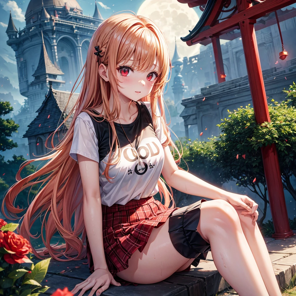 Red-blonde、Red eyes、One cute girl、solo、And soul、Light clothing、Checked mini skirt、petal、Wet hair、Sit on、black t-shirts、large tree、cloud、full moon、monster castle、lanthanum、Hell's Gate、Craft Gatekeeper、barefoot、Stones are piled up、Teeth are visible、Secret Treasure、Wooden chair、Moss grows、Fortress City、water is gushing out、Nagashi somen