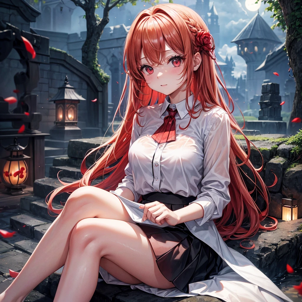 Red-blonde、Red eyes、One cute girl、solo、And soul、Light clothing、Checked mini skirt、petal、Wet hair、Sit on、black t-shirts、large tree、cloud、full moon、monster castle、lanthanum、Hell's Gate、Craft Gatekeeper、barefoot、Stones are piled up、Teeth are visible、Secret Treasure、Wooden chair、Moss grows、Fortress City、water is gushing out、Nagashi somen