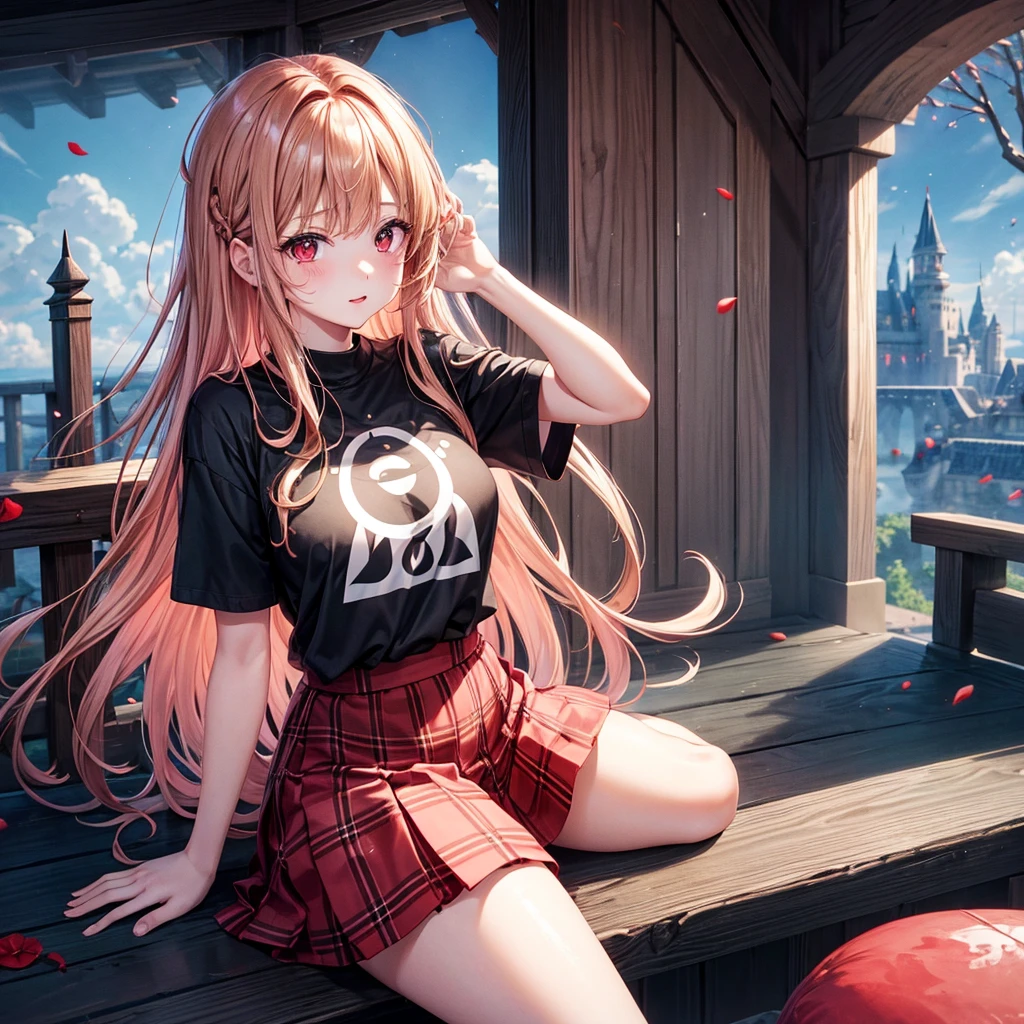 Red-blonde、Red eyes、One cute girl、solo、And soul、Light clothing、Checked mini skirt、petal、Wet hair、Sit on、black t-shirts、large tree、cloud、full moon、monster castle、lanthanum、Hell's Gate、Craft Gatekeeper、barefoot、Stones are piled up、Teeth are visible、Secret Treasure、Wooden chair、Moss grows、Fortress City、water is gushing out、Nagashi somen
