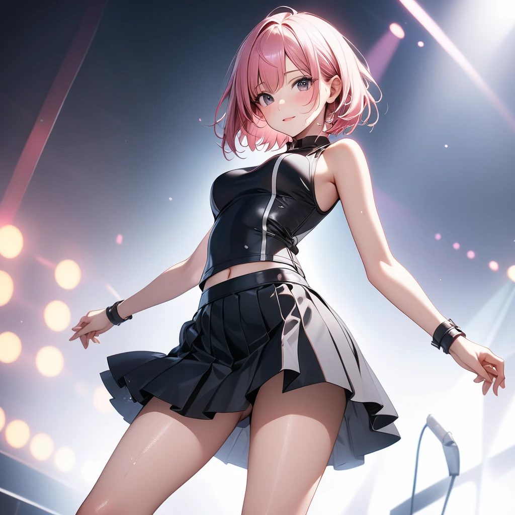 (((Female rock singer's costume, skirt))), skindentation, skinny, solo, 1 woman, Masterpiece, highest quality, highest quality, 16K, incredibly absurd, highly detailed, 2.5D, ai-generated, delicate and dynamic, very delicate facial expressions, delicate eye depiction, erotic, only sexy woman, ((A cute and kind face)), healthy figure, ((25-year-old woman)), 160cm tall, medium firm swaying bust, (short hair), (pink hair:1.5), bob cut, black eye, blush, Sweat,Embarrassed,sexy, ((thin thighs)), (camel toe:0.7), (visible nipples:0.3), (Erect nipples,:0.7), shiny and lustrous, facing straight at viewer, (((in heat))), ((Oily_skin)), ((dutch angle)), ((erotic pose)), ((one keene)),Background inspired by the image of "absolute informationists",