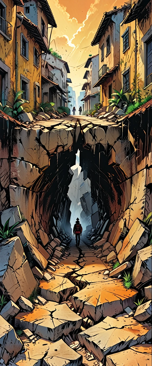 earthquake, splitting of the earth,deep crack on the ground macro close-up, tropical street with shocked people, cracks,shocked people,cave, graphic style of novel comics, 2d, 8k, hyperrealism, masterpiece, high resolution, best quality, ultra-detailed, super realistic, Hyperrealistic art, high-quality, ultra high res, highest detailed, lot of details, Extremely high-resolution details, incredibly lifelike, colourful, soft cinematic light,