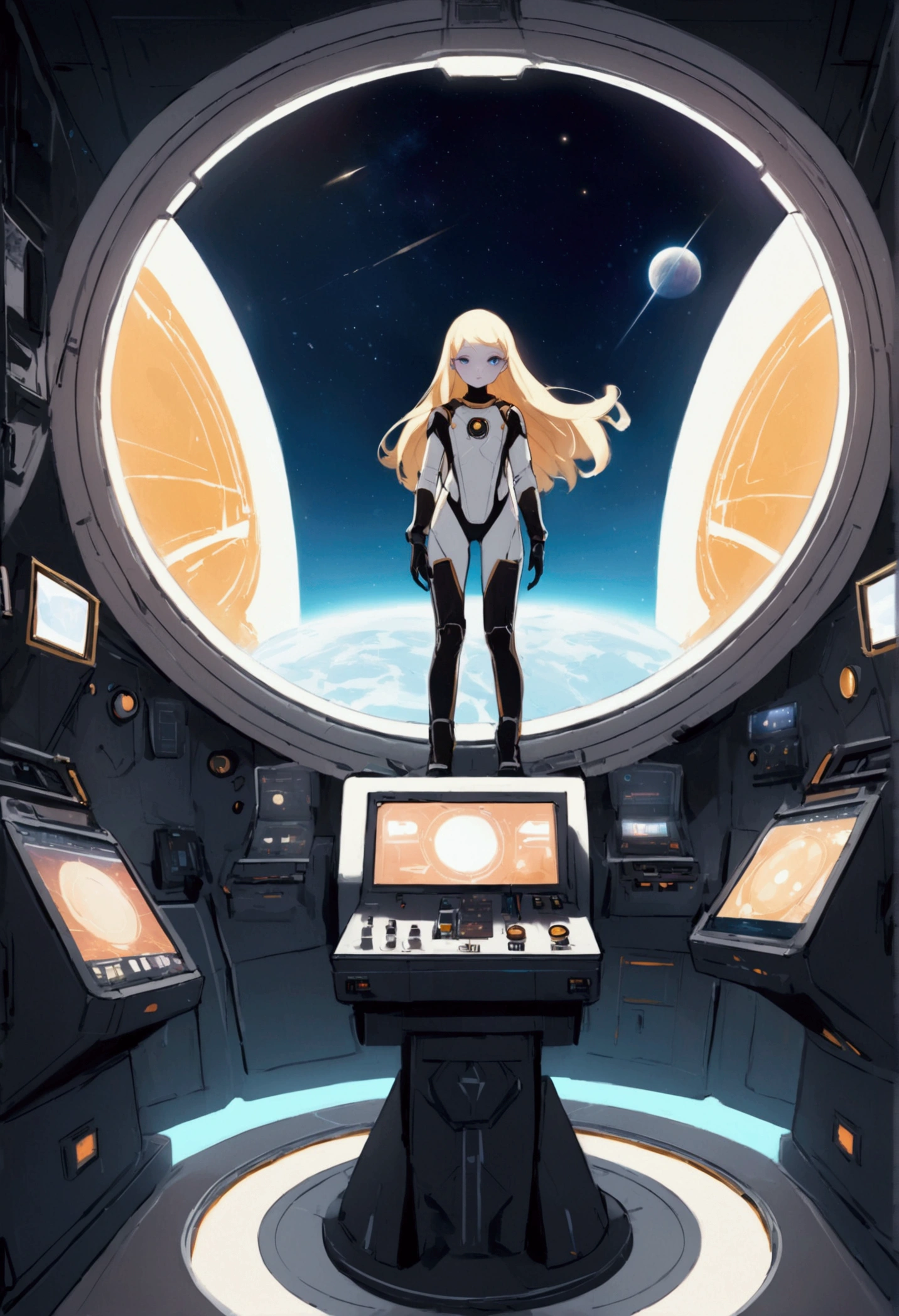 (Young Girls, 12 years old, blond, Reality, Pale skin), (of (Eye:1.2)), (fit:1.3), (fantasy space suit), Pretty face, Symmetrical face, Greg Rutkowski, Wop and Sam Kuvshinov, (Long hair), Gold eyelashes, Big Iris, Large pupil, whole body, Standing on the background of the spaceport, Art Station, 8k, Science fiction, Soft colors, tool, Control panel, concept, futuristic, Gribble, Simon Starenhager, space, in outer space, a spaceship in the sky, Technology Modules
