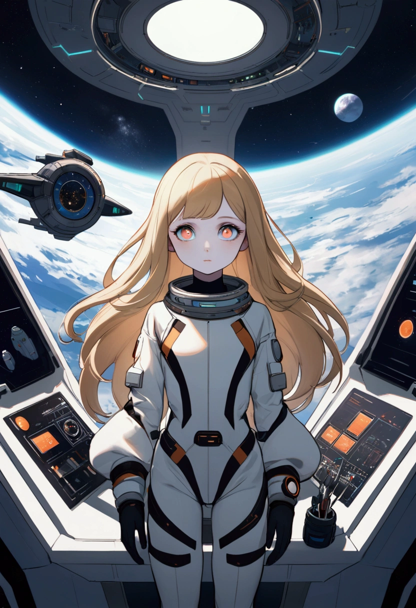 ( Girls, 12 yend, Reality, Pale skin), (of (Eye:1.2)), (fit:1.3), (fantasy space suit), Pretty face, Symmetrical face, Greg Rutkowski, Wop and Sam Kuvshinov, (Long hair), Gold eyelashes, Big Iris, Large pupil, whole body, Standing on the background of the spaceport, Art Station, 8k, Science fiction, Soft colors, tool, Control panel, concept, futuristic, Gribble, Simon Starenhager, space, in outer space, a spaceship in the sky, Technology Modules