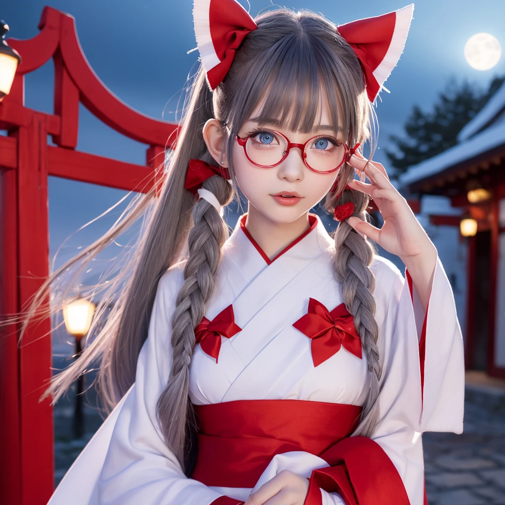 One girl, High resolution, 、solo, Pointy Ears, Blushing, Sticking out tongue, Medium Hair, Blue Eyes、Red and white shrine maiden outfit、Deformation、shrine、Character Design, night、Wear glasses, Side Ponytail, Grey Hair,
