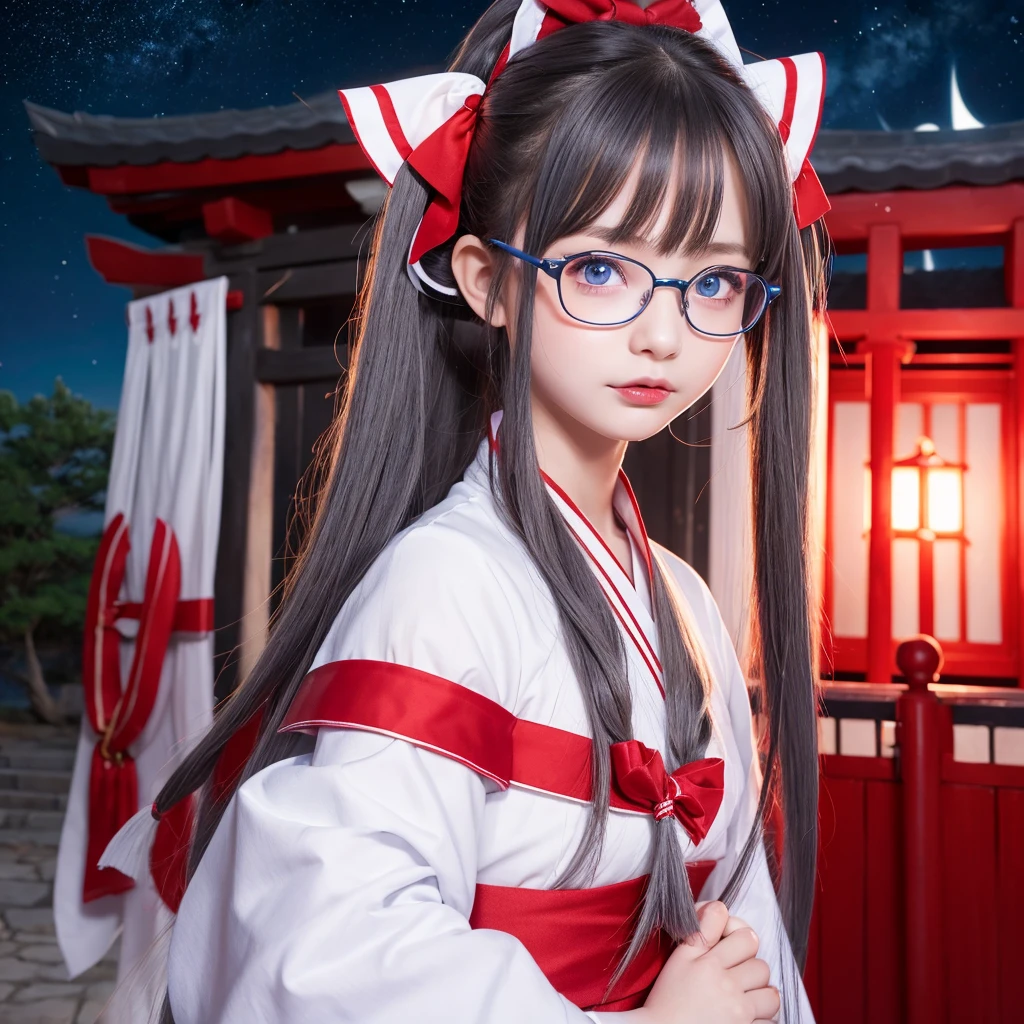 One girl, High resolution, 14 years old、solo, Pointy Ears, Blushing, Sticking out tongue, Medium Hair, Blue Eyes、Red and white shrine maiden outfit、Deformation、shrine、Character Design, night、Wear glasses, Side Ponytail, Grey Hair, 