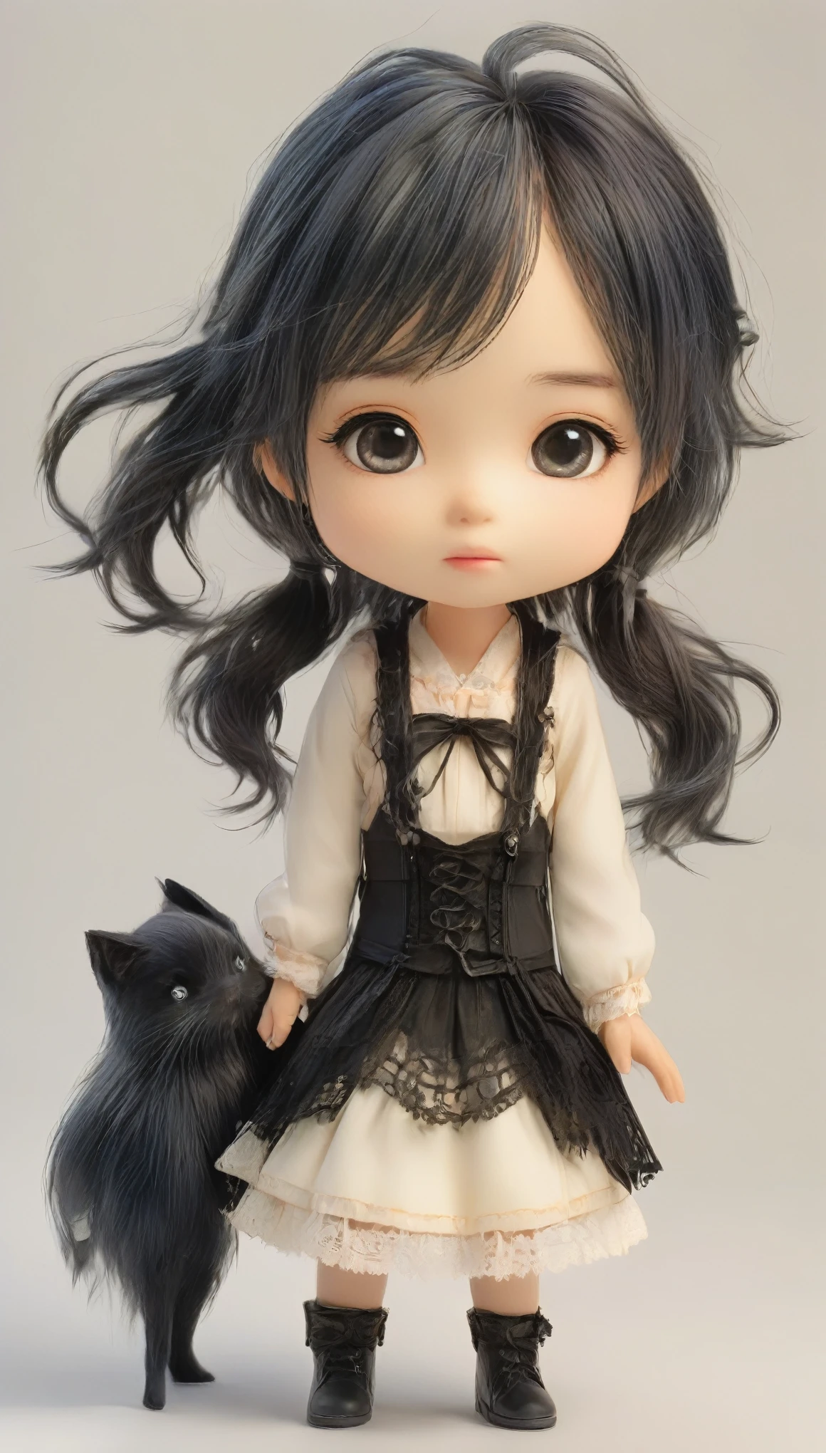 The Style of Kawanabe Kyosai、Little、Big Face、Big eyes、Girl、Black Hair、Pigtails braid、Black lace clothes、steampunk、Simple Background