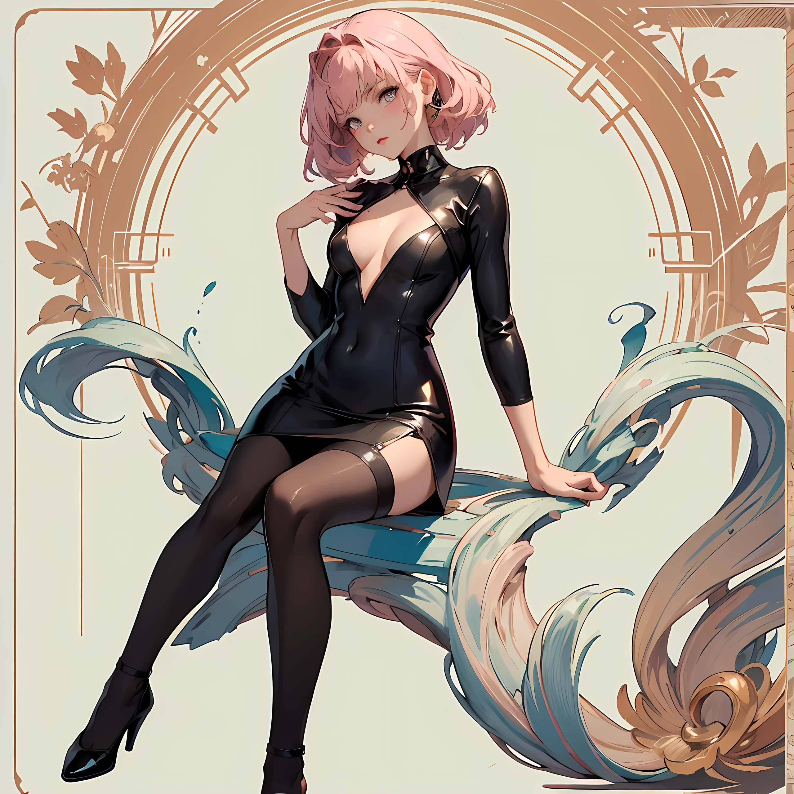 (1girl, full body, sitting, seductive pose, masterpiece, Super exquisite illustrations, best quality, light particles, Super detailed, 8k wallpaper,), ((petite, Small breasts, often with a proportionally small areola)), (wearing (Faux leather shift dress)), (Winter theme, inside), Eyes: Large, almond-shaped, dark brown, Nose: Small and straight, Lips: Medium, natural pink, Hair: Long, straight, black, Skin Tone: Fair with a neutral undertone, Eyebrows: Thin and gently arched, Cheekbones: Soft and rounded, Chin: Rounded, Ears: Small and close to the head, Expression: Serene and graceful
