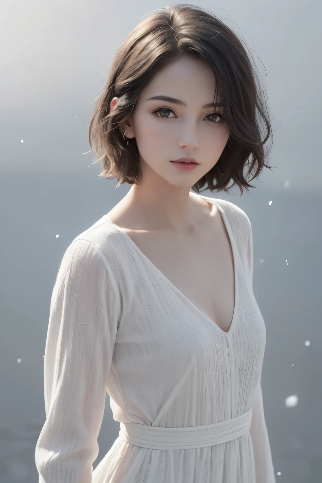 8K Ultra HD、RAWphotograph、モデルphotograph撮影、 Snow White Cosplay、(masterpiece、Highest quality、Realistic、High resolution、photograph:1.3)、close、I focus、Hot Model、slim、30 year old mature woman、Small face、No makeup、short hair、Beautiful dark brown hayne eyes、Genuineスキン、(Perfect body)、Sexy hot face、erotic、Sexual perspective、slim、dress、Long sleeve、Beautiful eyes in every detail、Glossy Lips、Small breasts、Small breasts、((Bright light、Dynamic Lighting、Genuine、超Genuine、 realism、Genuineなディテール、Cool Beauty、Cool pose、Background gray、Plain gray background