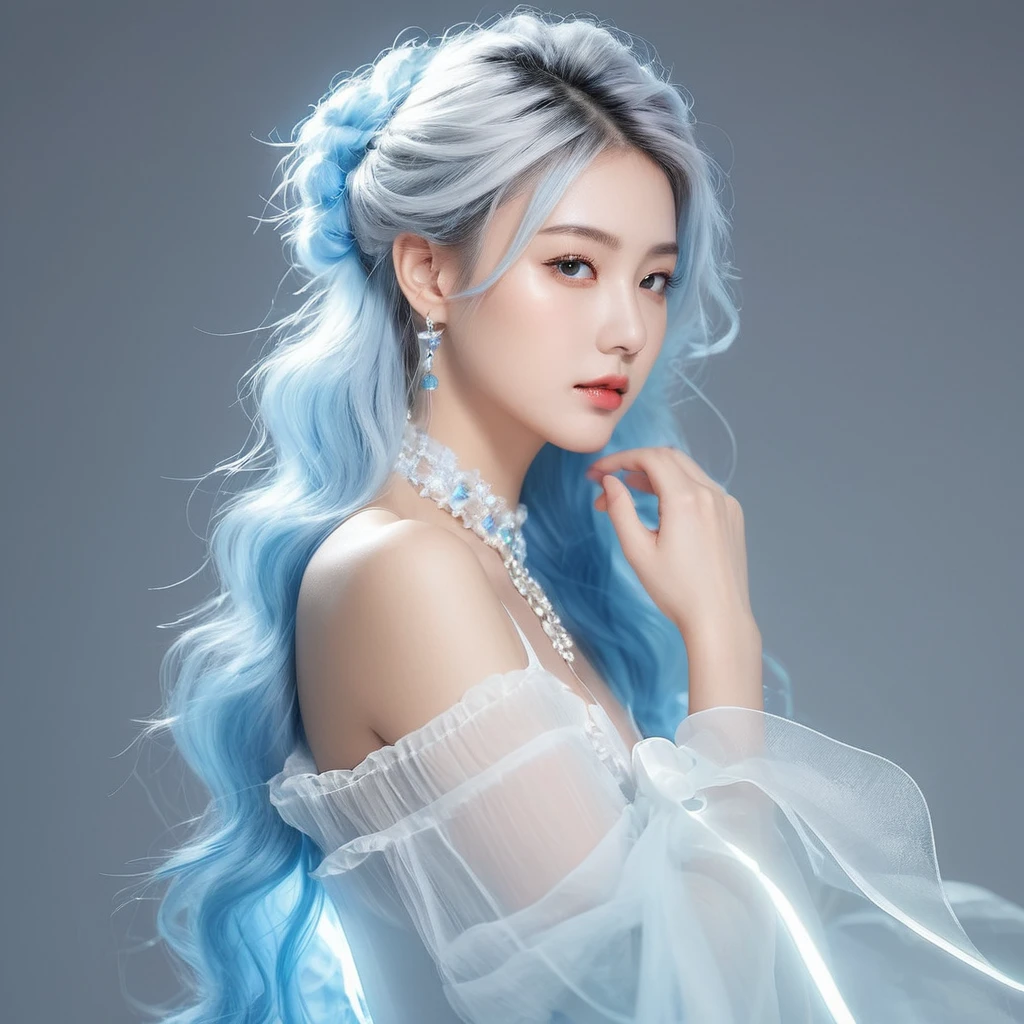 ((jewel_light element)), (Translucent luminous body_wearing a white frilly blue toxedo or formal attire s:1.3), (man made of lightblue light: 1.2, Long wavy blue hairstyle with delicate features and light:1.3), (minimalism: 0.5), (Frontal close-up angle above the waist: 1.3), 4K, HDR, acid graphics, fantasy work, [Detailed and vivid faces: 0.33], (White translucent glowing body and blue hair: 1.3),,Silhouette outline and glowing handsome .. A calm and dignified atmosphere provides a subtle sense of luxury... gray smooth texture, stylish pose, fluorescent, glowing tattoo, bioluminescent tattoo, glowing pattern.
