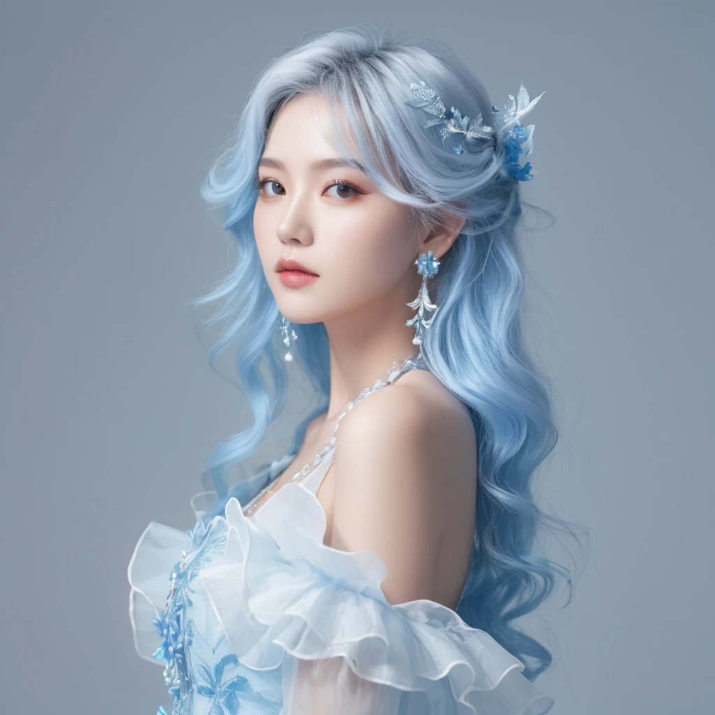 ((jewel_light element)), (Translucent luminous body_wearing a white frilly blue toxedo or formal attire s:1.3), (man made of lightblue light: 1.2, Long wavy blue hairstyle with delicate features and light:1.3), (minimalism: 0.5), (Frontal close-up angle above the waist: 1.3), 4K, HDR, acid graphics, fantasy work, [Detailed and vivid faces: 0.33], (White translucent glowing body and blue hair: 1.3),,Silhouette outline and glowing handsome .. A calm and dignified atmosphere provides a subtle sense of luxury... gray smooth texture, stylish pose, fluorescent, glowing tattoo, bioluminescent tattoo, glowing pattern.