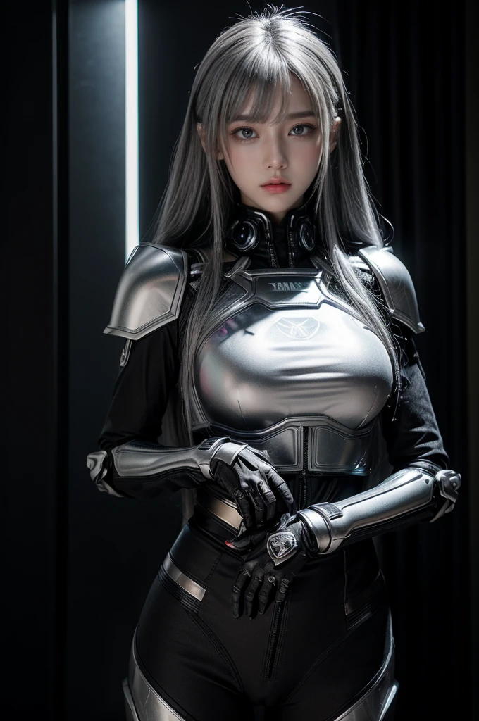 cyber angel,machine wing,{{Sci-Fi Armor}},cyber suit,cyberpunk,science fiction,cyber battle armor,Battledress,Military Uniforms,pants,black military uniform,whole body,Height: 168cm,almond shape eyes,{{{{{silver eyes}}}}},{{{{{dull bangs}}}}},(slanted eyes},{{whole body},{{{1 girl}}}, long hair, straight hair,{{{{silver hair}}}},{{{tsurime}}},30 years old,{Medium chest},{{bush}},silver eyes,{{{masterpiece}}}, {{{highest quality}}}, {{Super detailed}}, {shape}, {{very delicate and beautiful}},very detailed,detailed perfect,detailed hyper,Abundant thighs,big ass,black clothes,natural hands