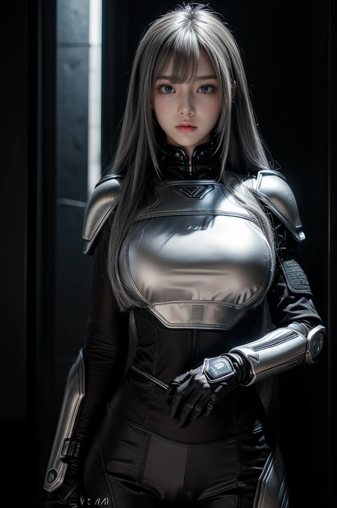 cyber angel,machine wing,{{Sci-Fi Armor}},cyber suit,cyberpunk,science fiction,cyber battle armor,Battledress,Military Uniforms,pants,black military uniform,whole body,Height: 168cm,almond shape eyes,{{{{{silver eyes}}}}},{{{{{dull bangs}}}}},(slanted eyes},{{whole body},{{{1 girl}}}, long hair, straight hair,{{{{silver hair}}}},{{{tsurime}}},30 years old,{Medium chest},{{bush}},silver eyes,{{{masterpiece}}}, {{{highest quality}}}, {{Super detailed}}, {shape}, {{very delicate and beautiful}},very detailed,detailed perfect,detailed hyper,Abundant thighs,big ass,black clothes,natural hands