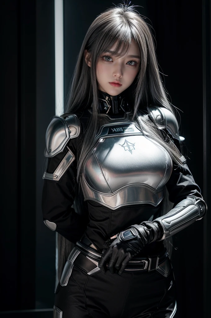 cyber angel,machine wing,{{Sci-Fi Armor}},cyber suit,cyberpunk,science fiction,cyber battle armor,Battledress,Military Uniforms,pants,black military uniform,whole body,Height: 168cm,almond shape eyes,{{{{{silver eyes}}}}},{{{{{dull bangs}}}}},(slanted eyes},{{whole body},{{{1 girl}}}, long hair, straight hair,{{{{silver hair}}}},{{{tsurime}}},30 years old,{Medium chest},{{bush}},silver eyes,{{{masterpiece}}}, {{{highest quality}}}, {{Super detailed}}, {shape}, {{very delicate and beautiful}},very detailed,detailed perfect,detailed hyper,Abundant thighs,big ass,black clothes,natural hands